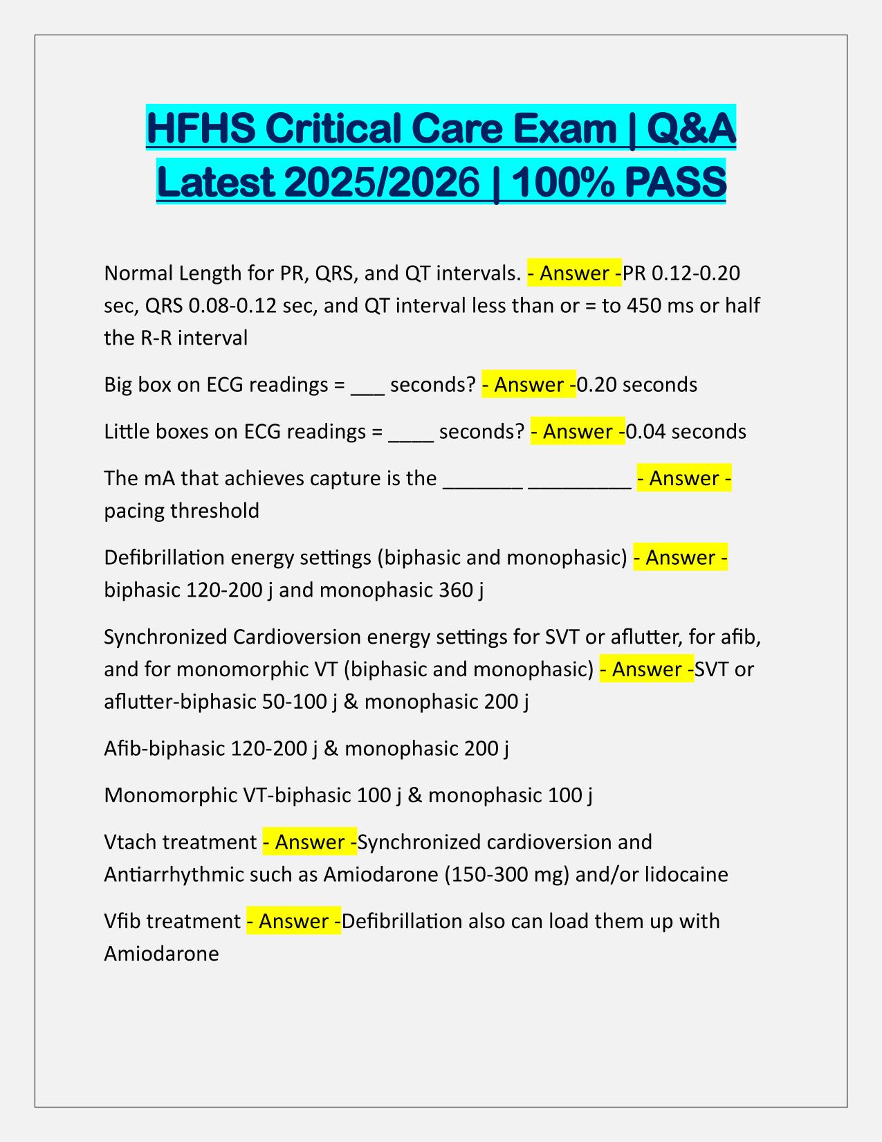 HFHS Critical Care Exam Q&A Latest Update 2025-2026 Update