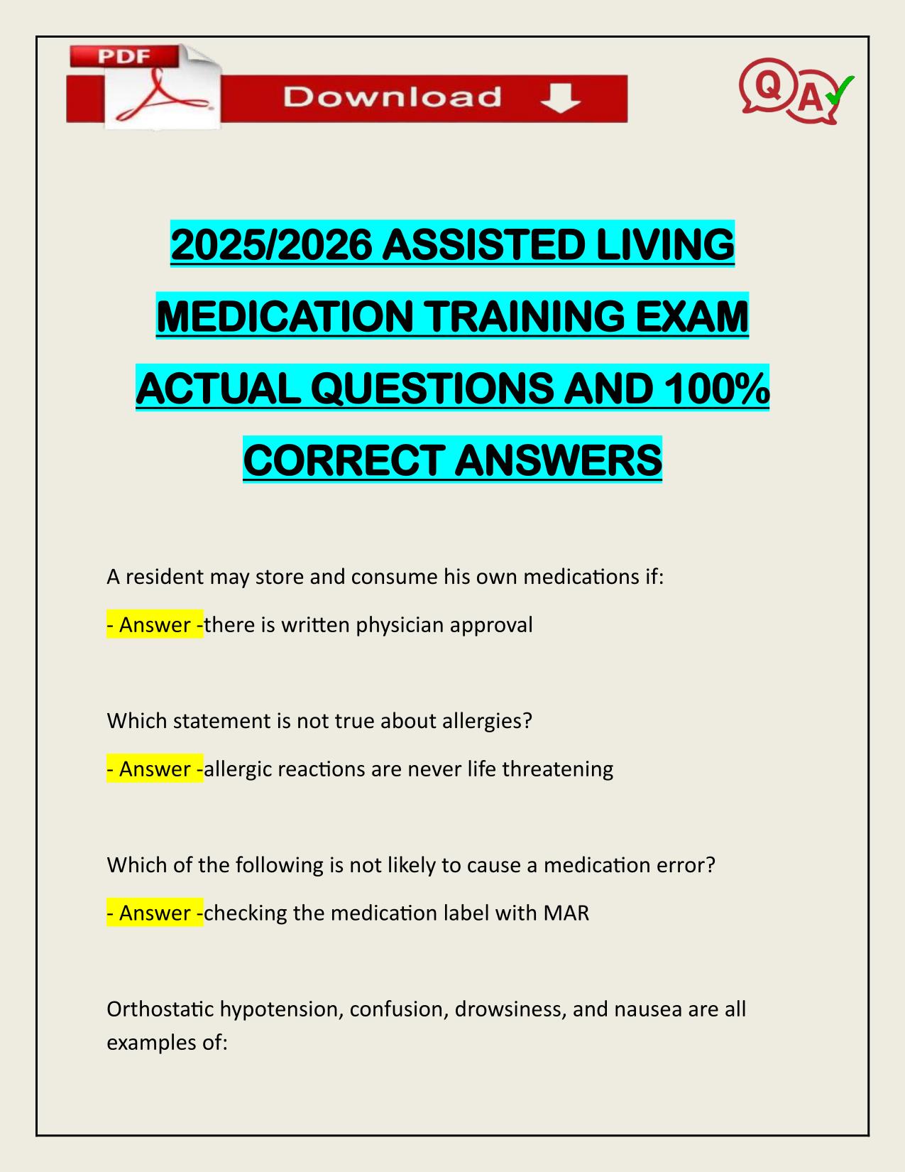 2025/2026 ASSISTED LIVING MEDICATION TRAINING EXAM ACTUAL Q&A