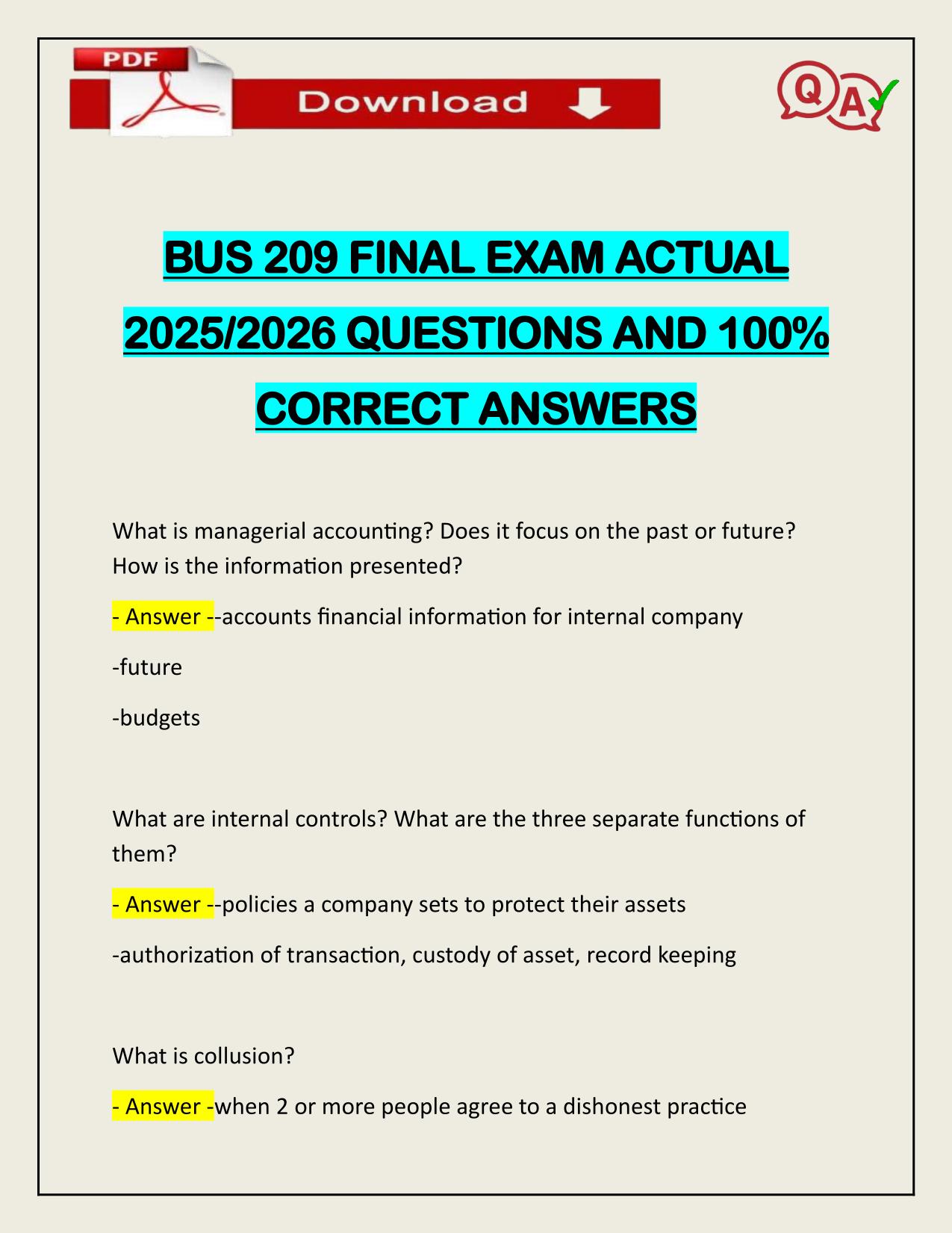 BUS 209 FINAL EXAM ACTUAL 2025/2026 Q&A