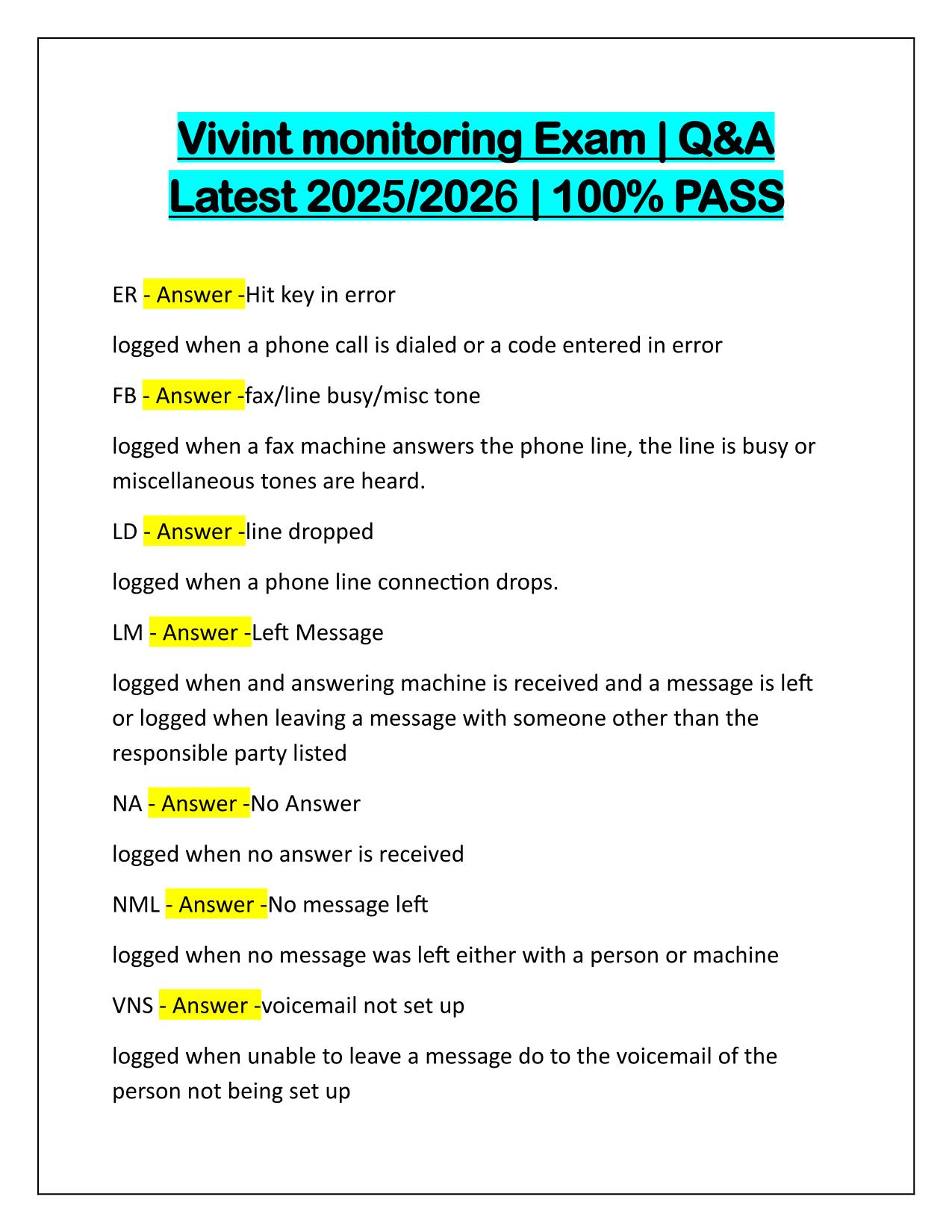 Vivint monitoring Exam Correctly Answered Latest Update