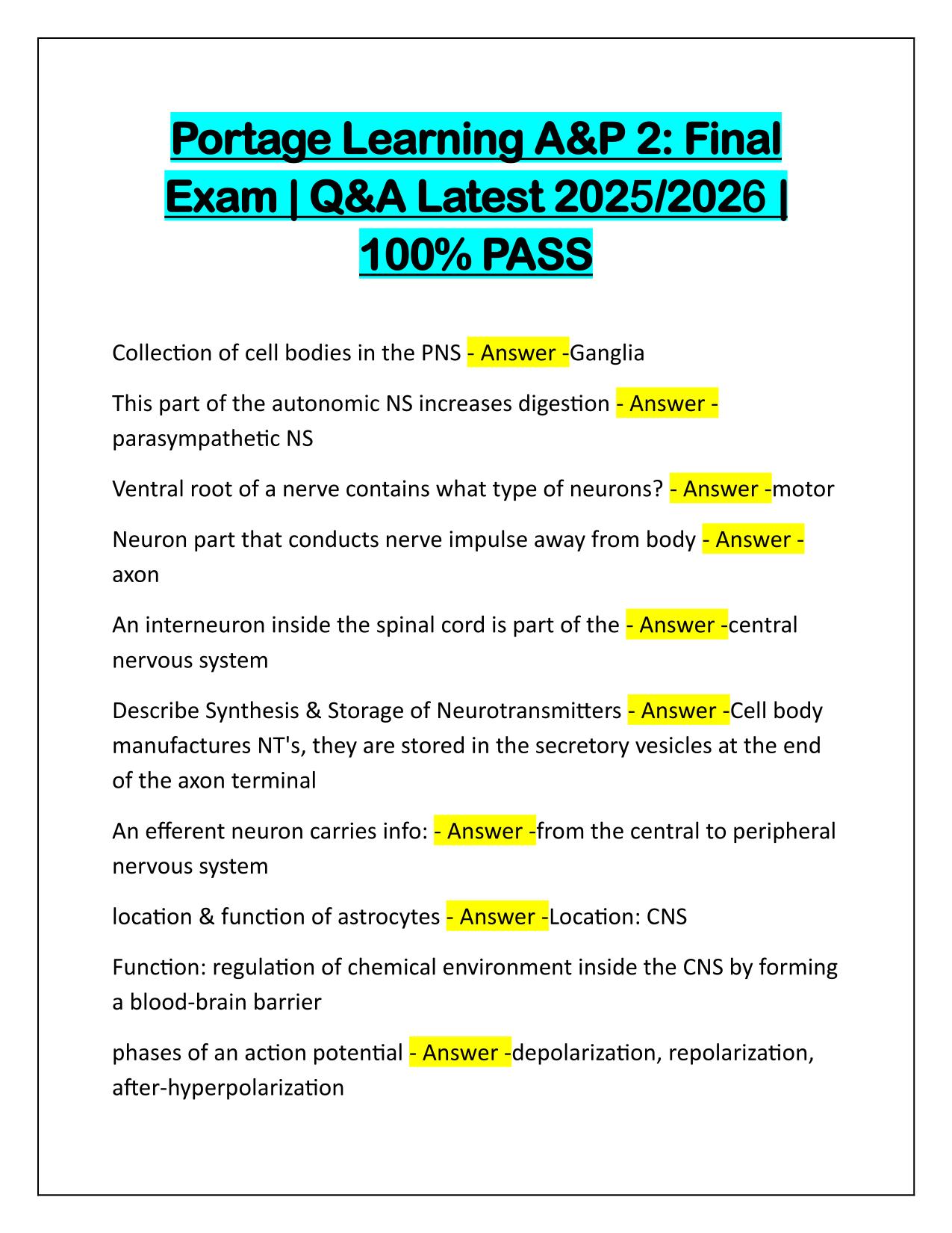 Portage Learning A&P 2 Final Exam Q&A Latest Update 2025-2026
