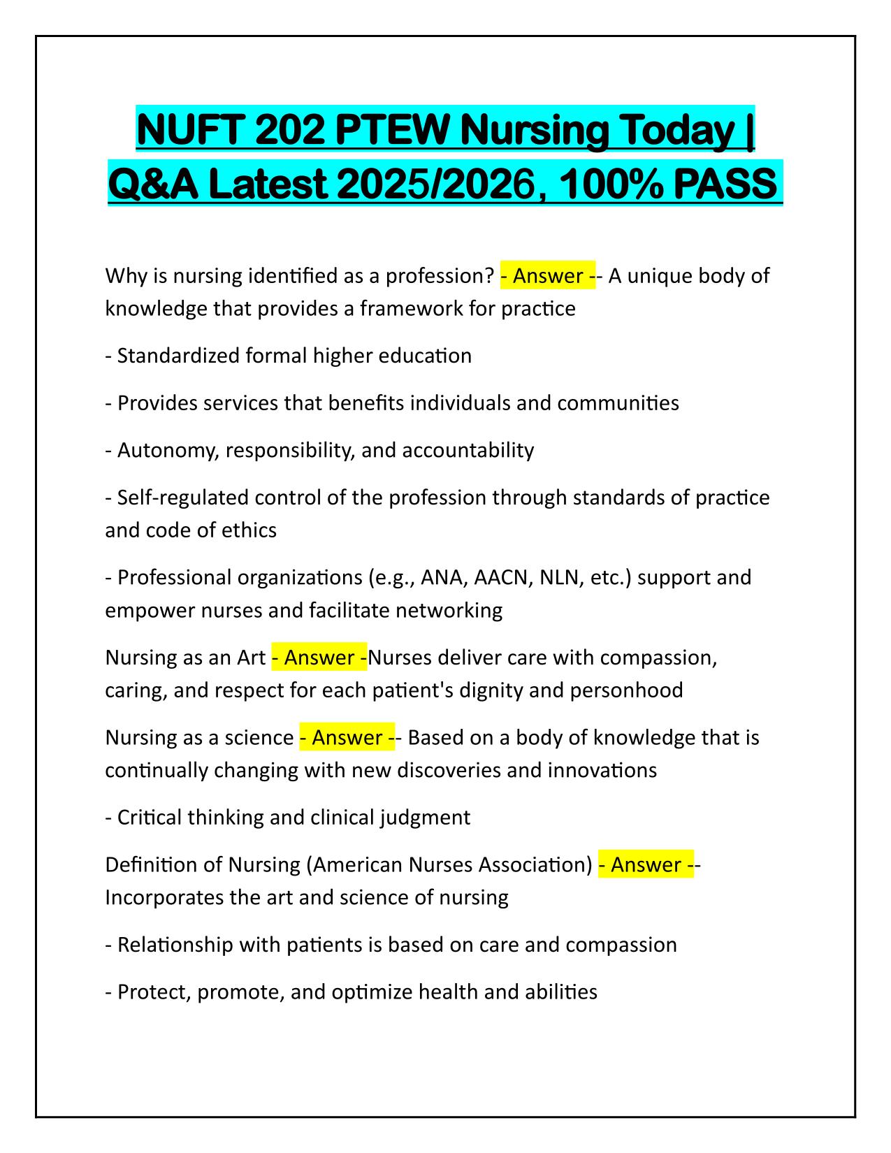 NUFT 202 PTEW Nursing Today Q&A Latest Update 100% PASS