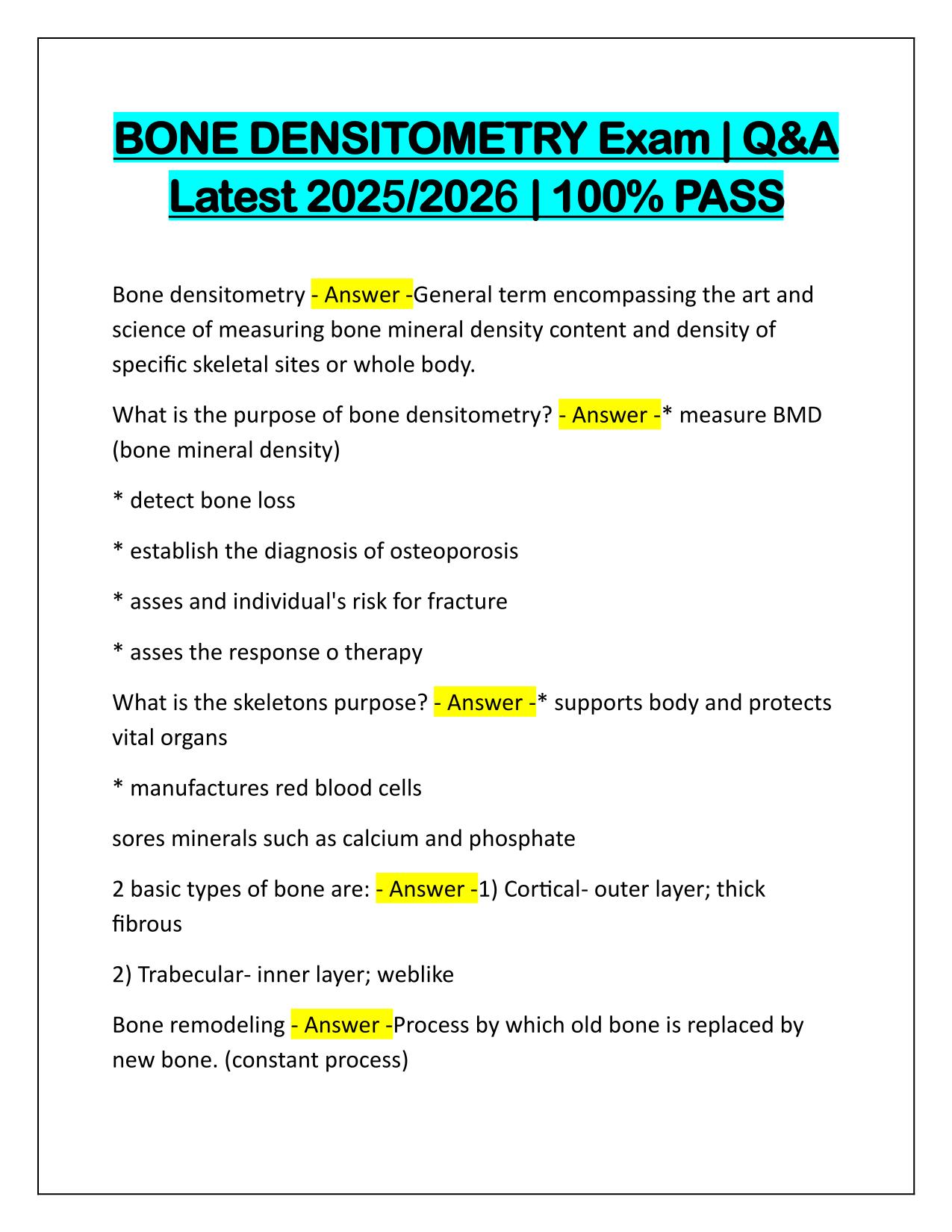 BONE DENSITOMETRY EXAM Q&A Latest Update 2025-2026