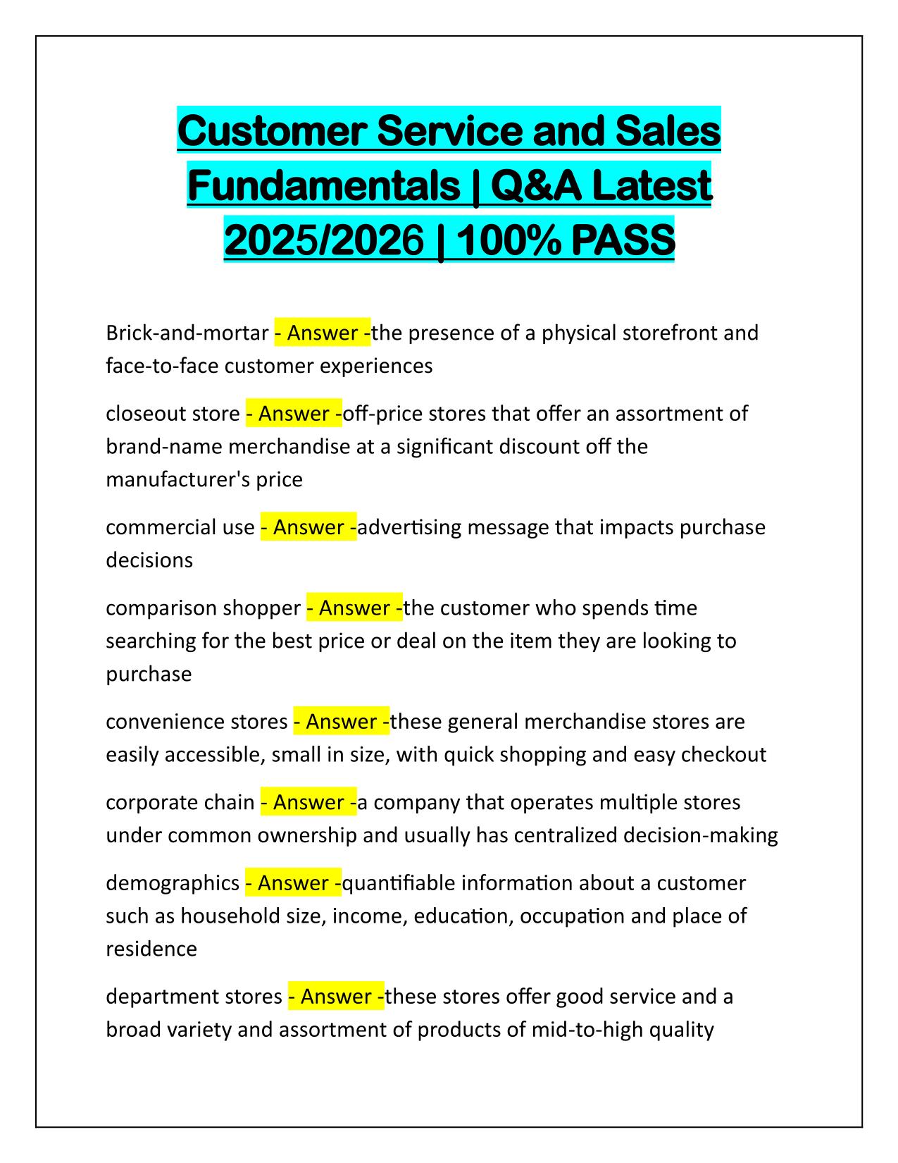 Customer Service and Sales Fundamentals Q&A Latest Update