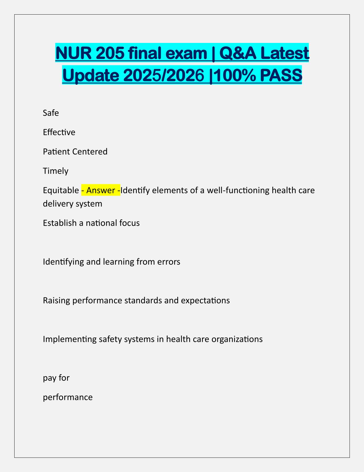 NUR 205 final exam Correctly Answered Latest Update