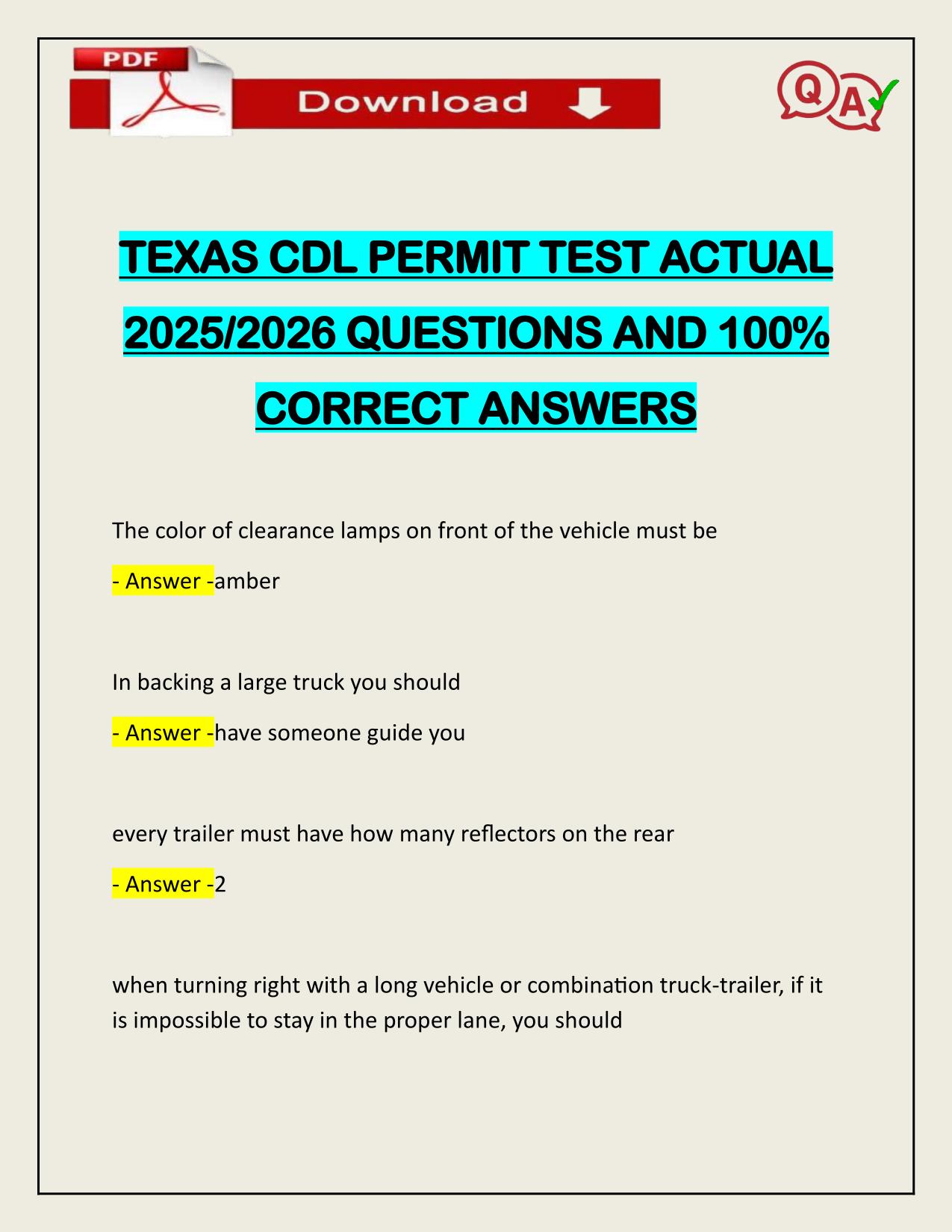 TEXAS CDL PERMIT TEST ACTUAL 2025/2026