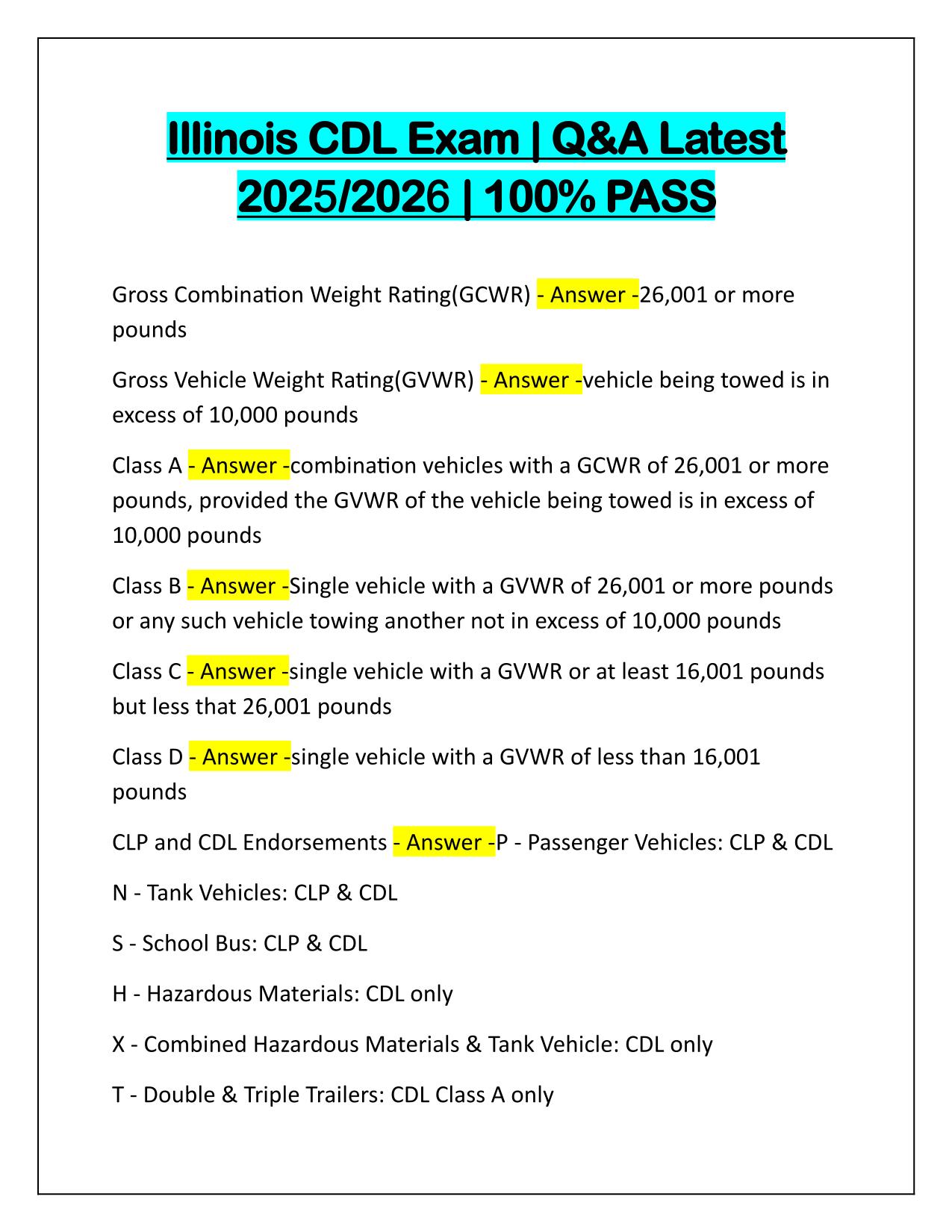 Illinois CDL Exam Correctly Answered Latest Update
