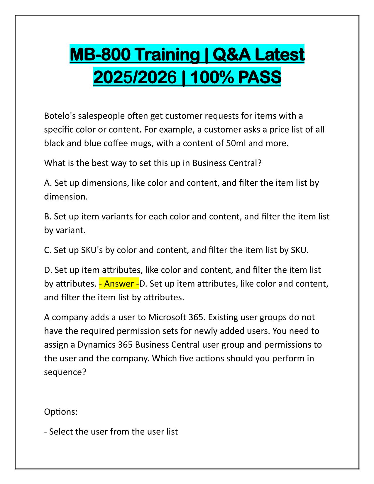 MB-800 Training Questions and Correct Answers Latest Update 2025-2026