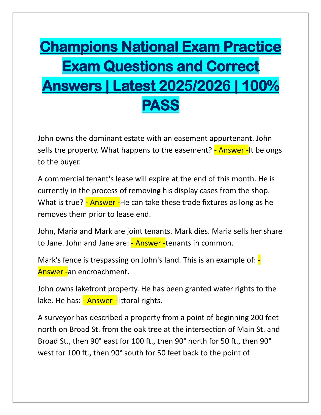 Champions National Exam Practice EXAM Correctly Answered Latest Update