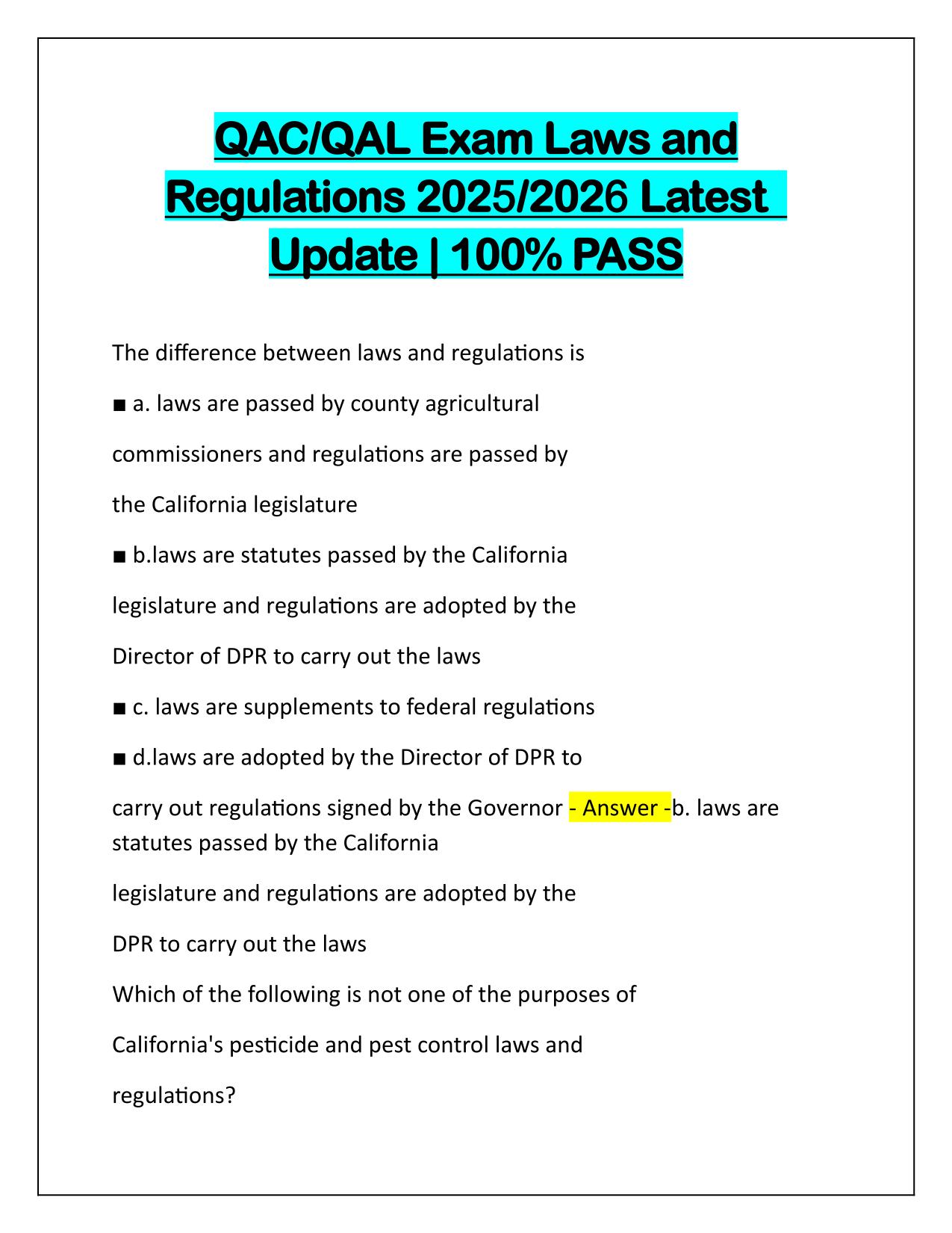 QAC-QAL Exam Laws and Regulations 2025 Correctly Answered Latest Update