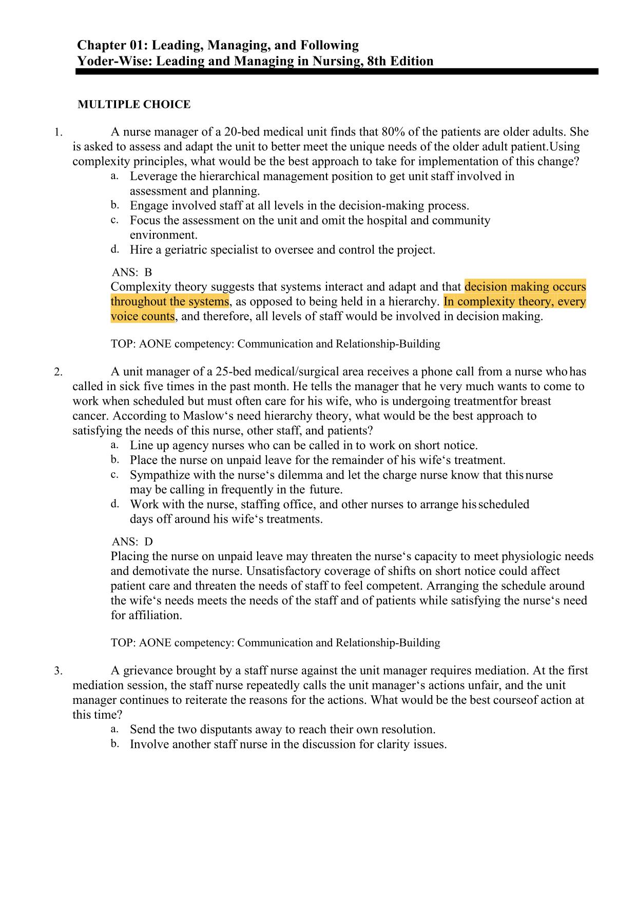 Test bank for leading and managing in nursing 8th edition by Patricia S Yoder, ISBN- 978-0323792066. 
