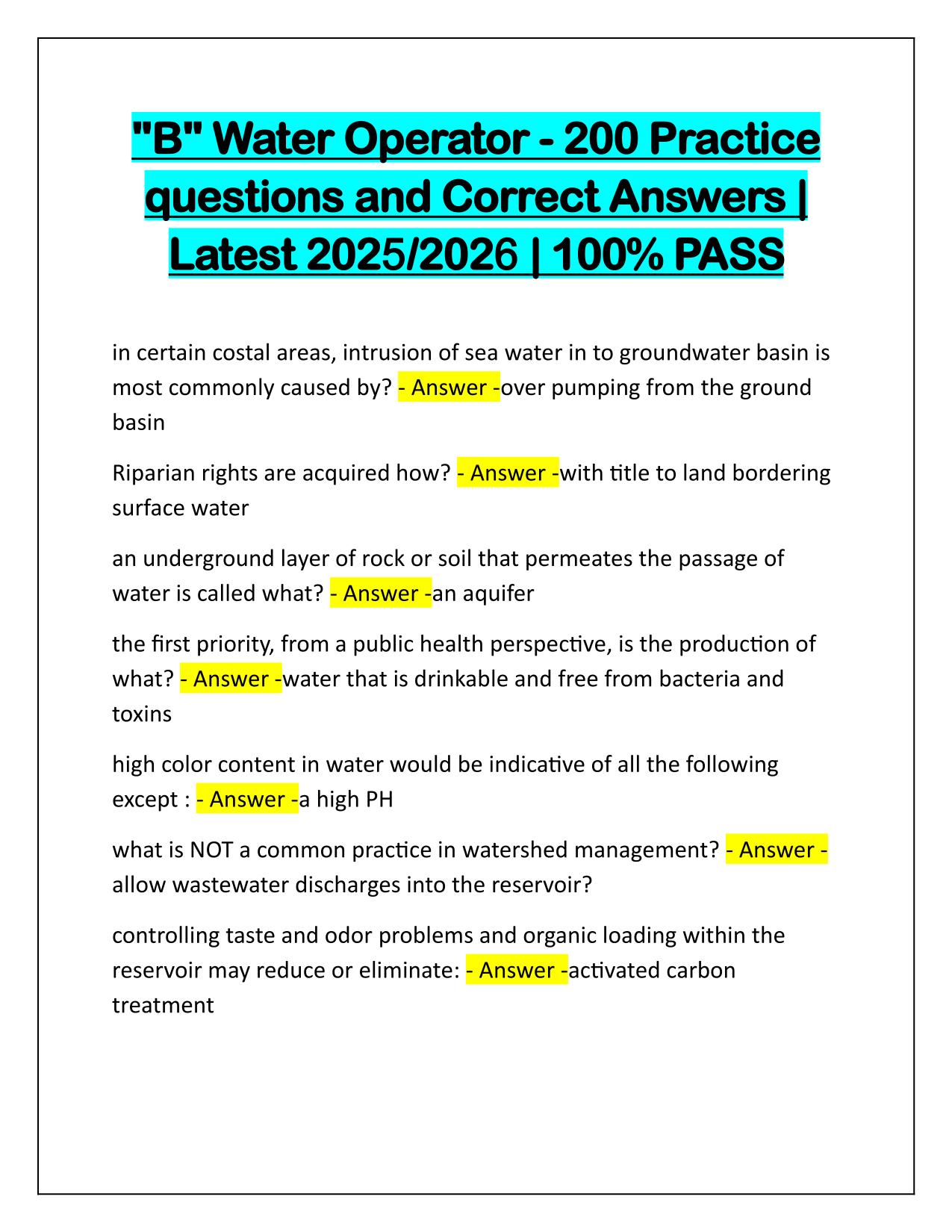 Class B Water Operator, 200 Practice questions and Correct Answers Latest Update