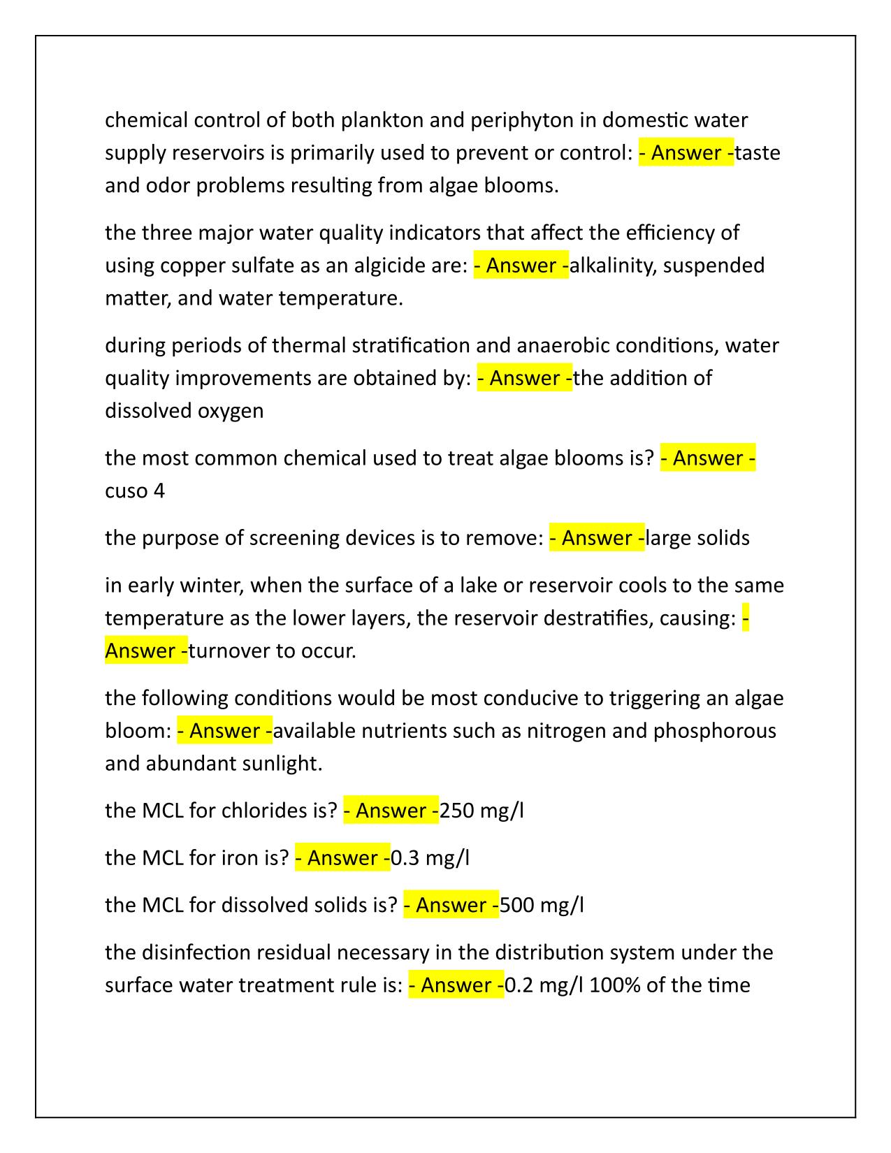 Class B Water Operator, 200 Practice questions and Correct Answers Latest Update