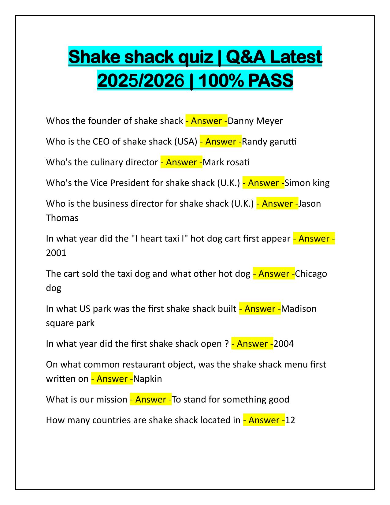 Shake shack quiz Correctly Answered Latest