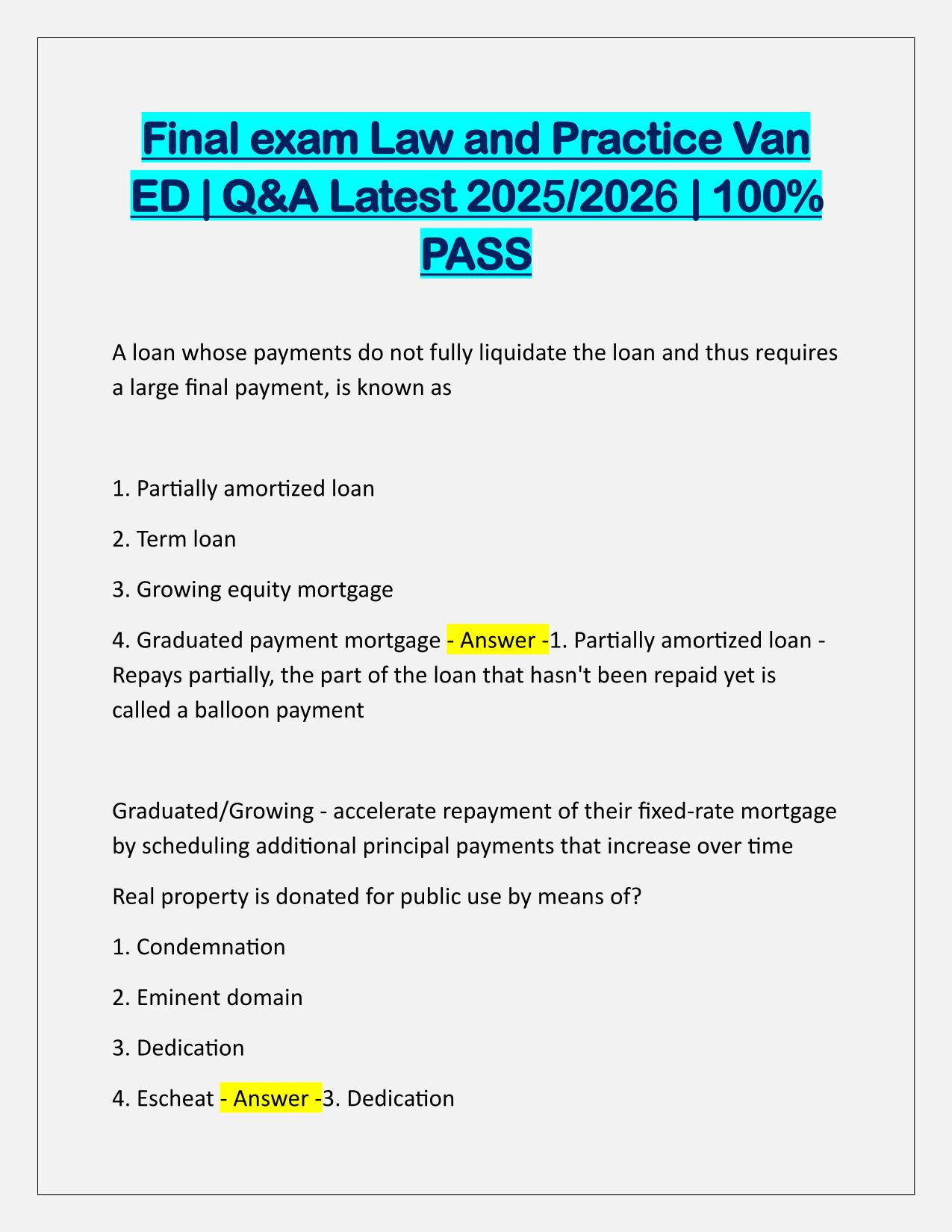 Final exam Law and Practice Van ED Q&A Latest Update