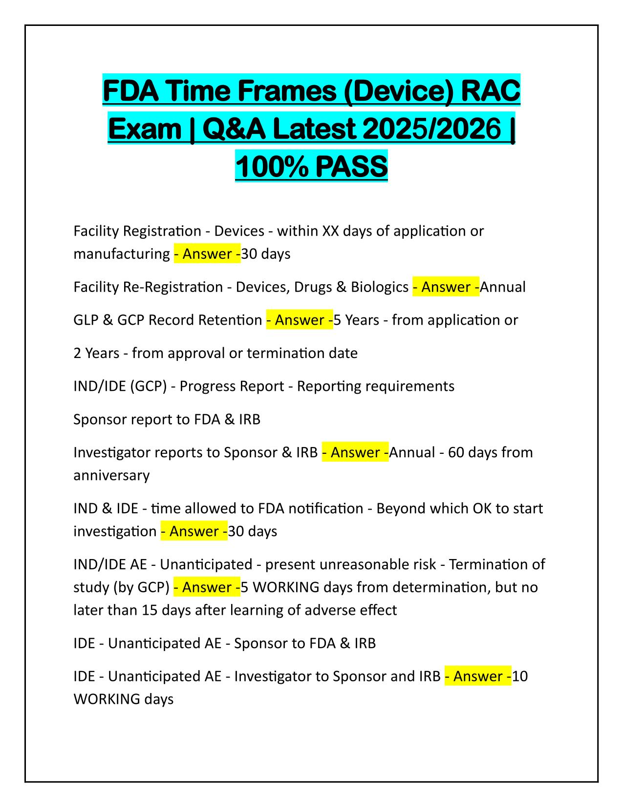 FDA Time Frames (Device) RAC Exam Q&A Latest Update 2025