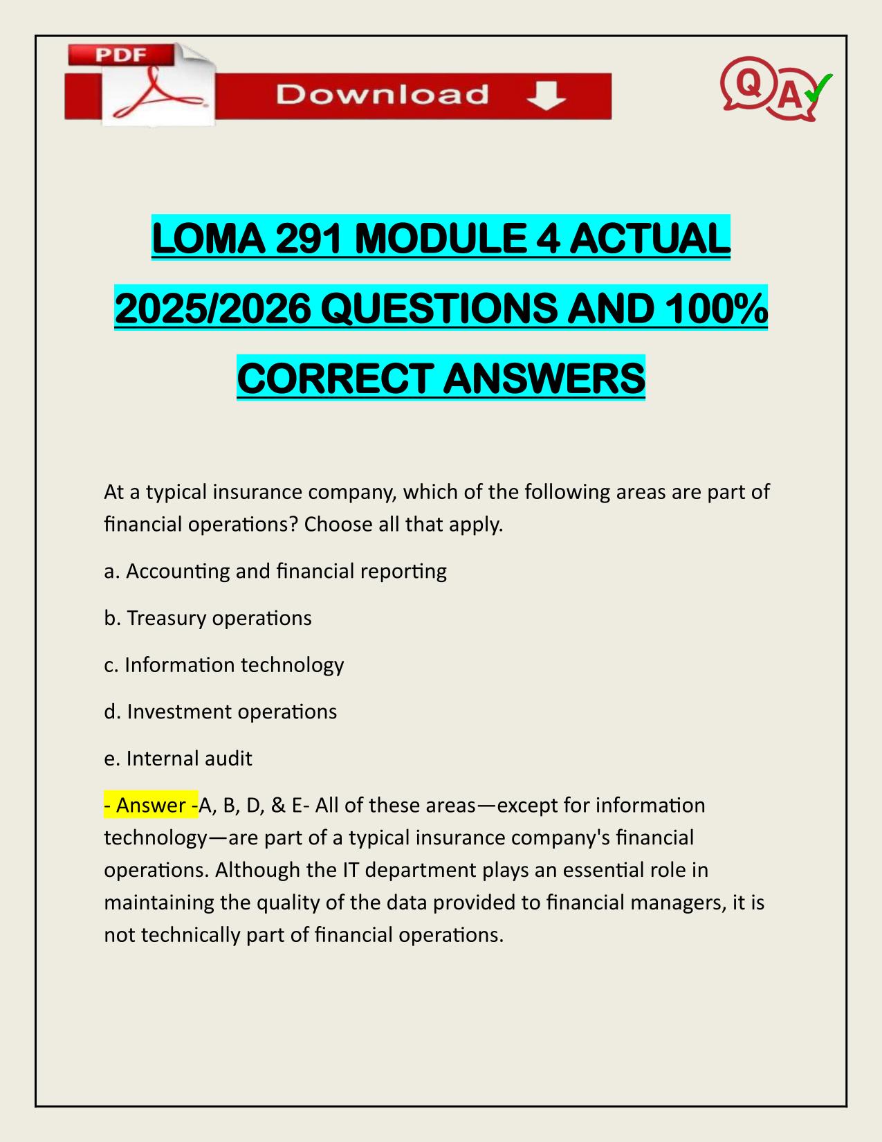 LOMA 291 MODULE 4 ACTUAL 2025/2026 QUESTIONS AND 100% CORRECT ANSWERS
