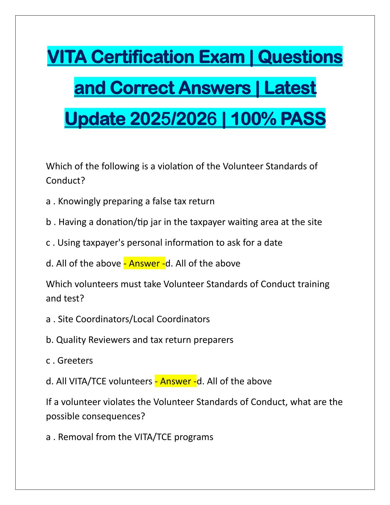 VITA Certification Exam Questions and Answers 2025/2026