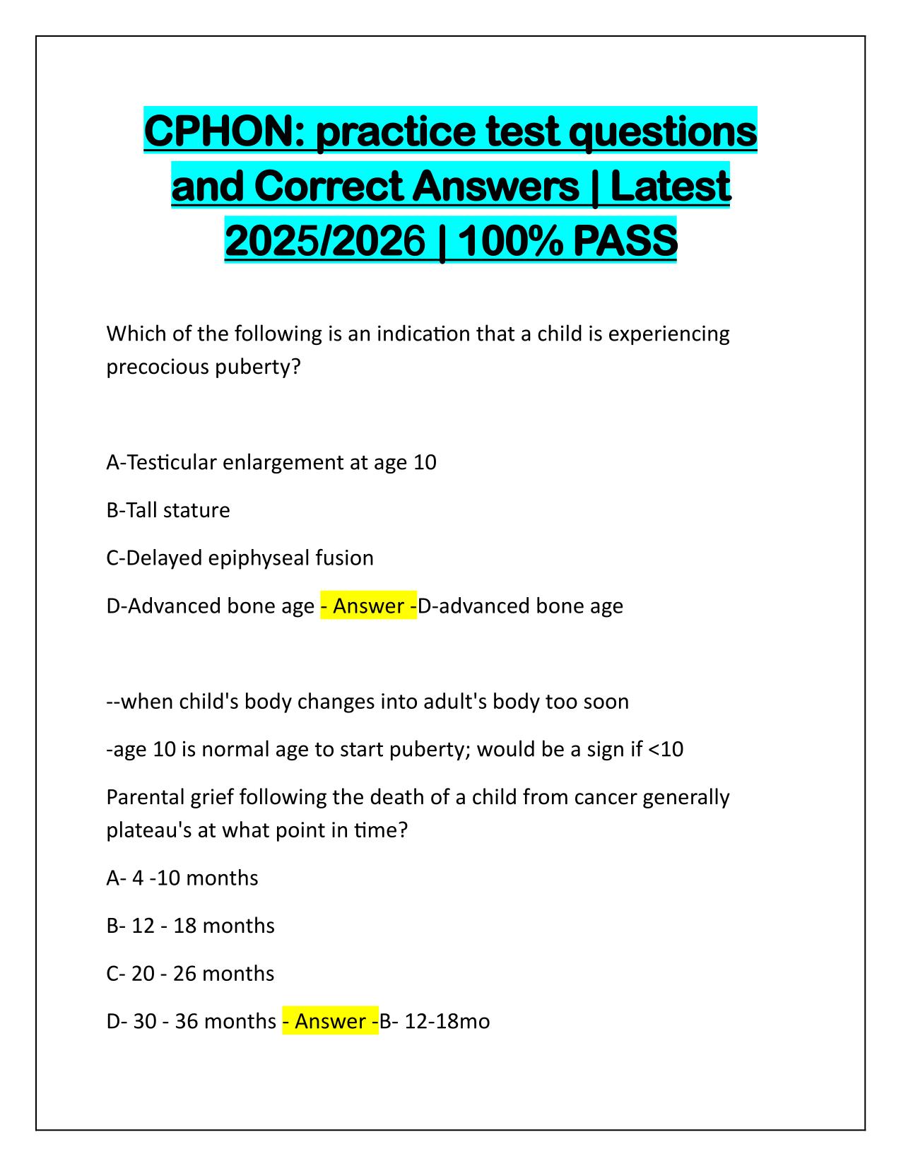 CPHON: practice test questions and Correct Answers Latest