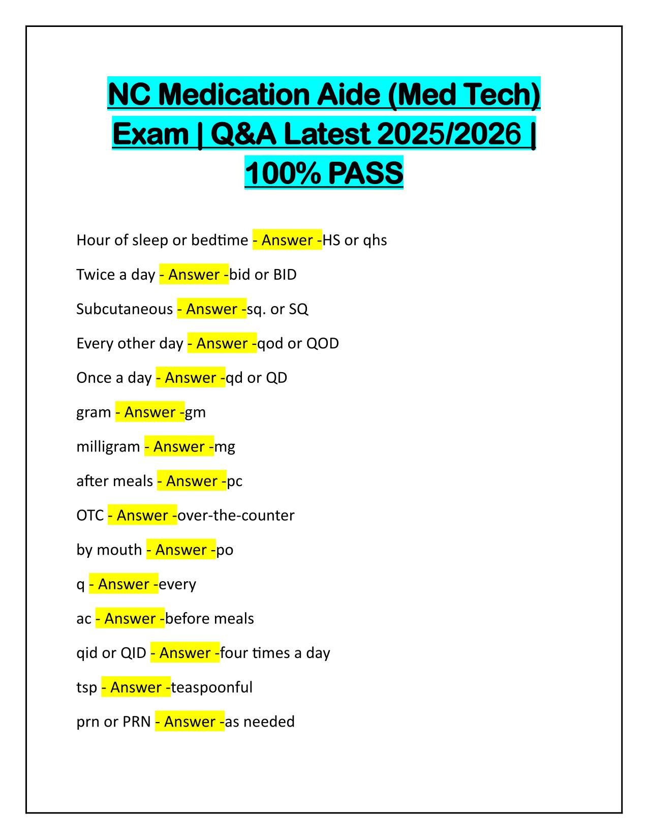NC Medication Aide Med Tech Exam Q&A Latest Update 2025