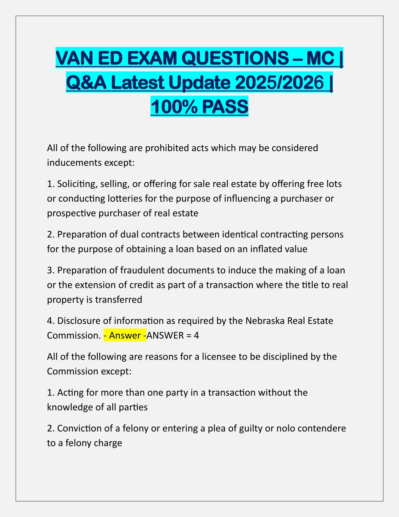 VAN ED EXAM QUESTIONS–MC Q&A Latest Update