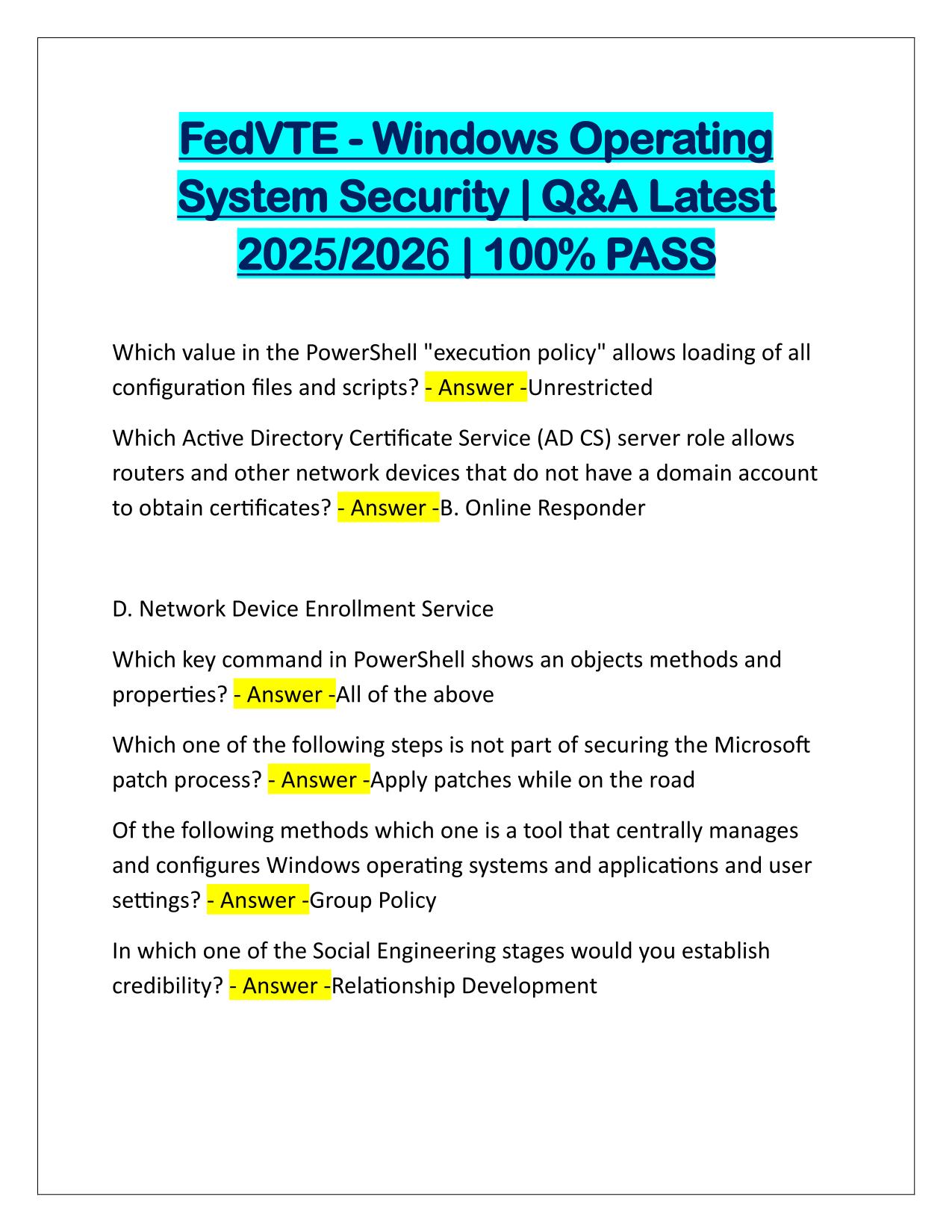 FedVTE-Windows Operating System Security TEST Q&A Latest Update