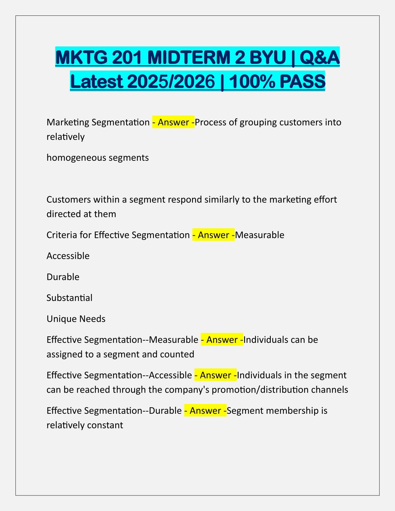 MKTG 201 MIDTERM 2 BYU Correctly Answered Latest Update