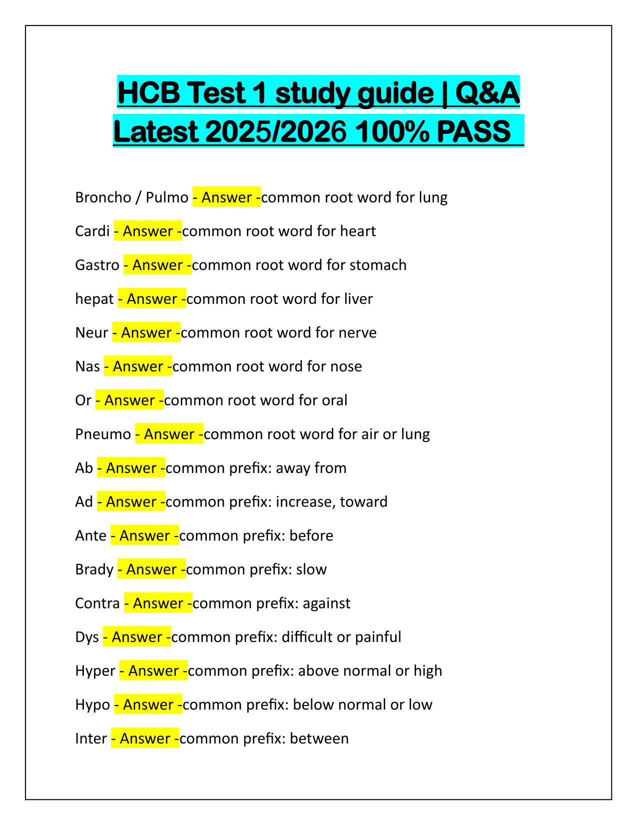 HCB Test 1 study guide Questions and Correct Answers Latest Update