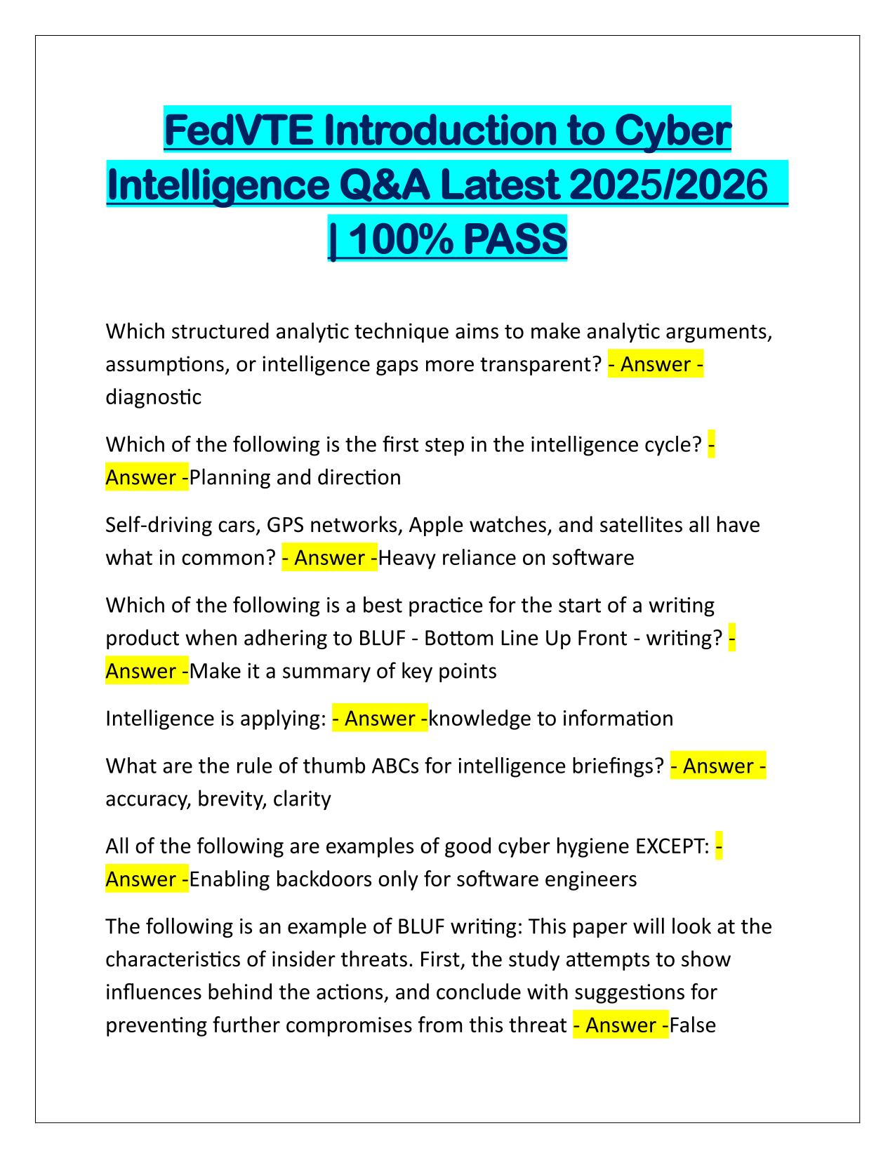 FedVTE Introduction to Cyber Intelligence Q&A Latest Update