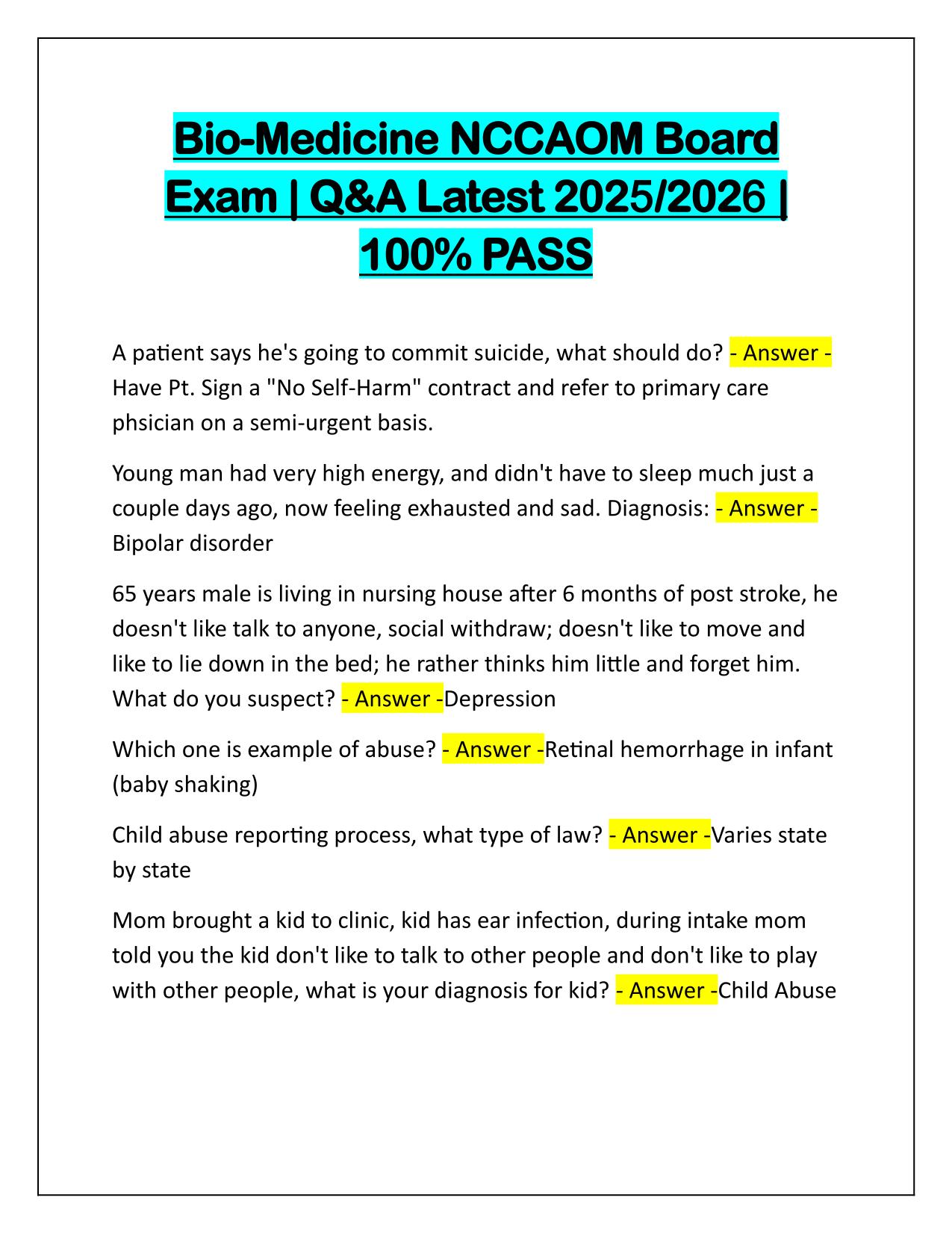 Bio-Medicine NCCAOM Board Exam Correctly Answered Latest Update
