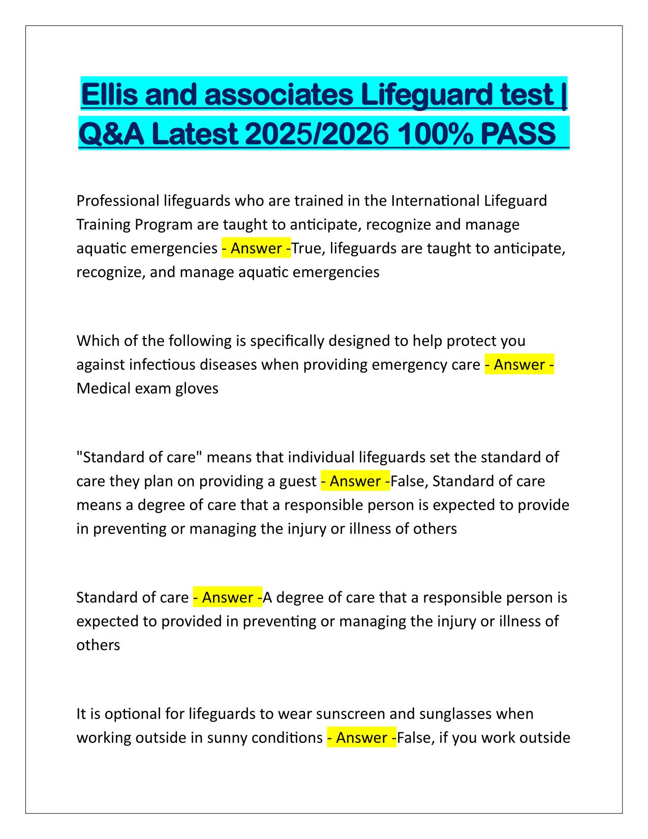 Ellis and associates Lifeguard test Q&A Latest Update