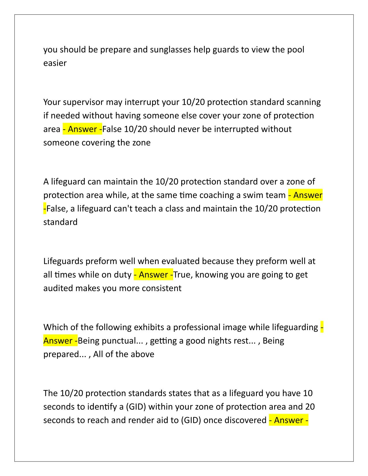 Ellis and associates Lifeguard test Q&A Latest Update