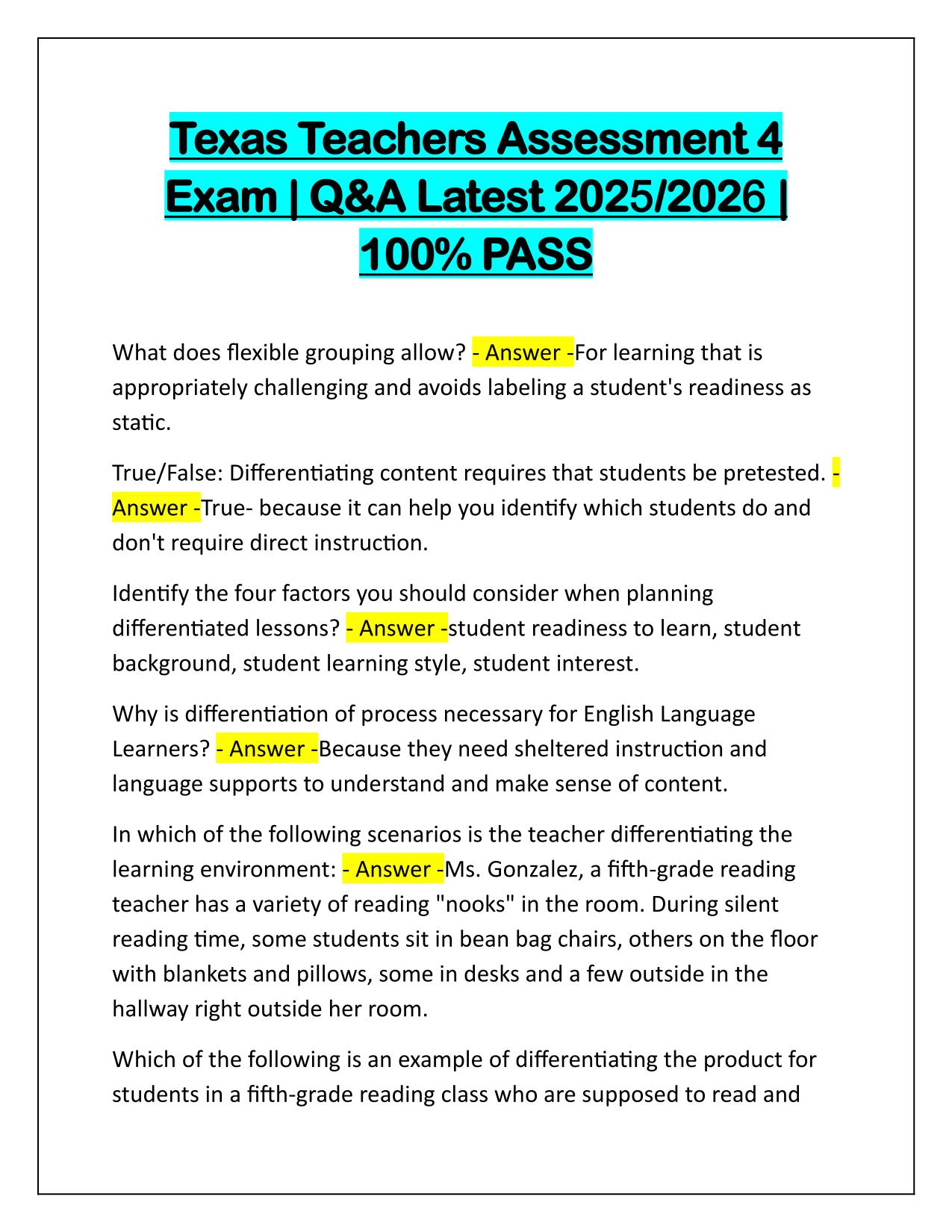 Texas Teachers Assessment 4 Exam Correctly Answered Latest Update