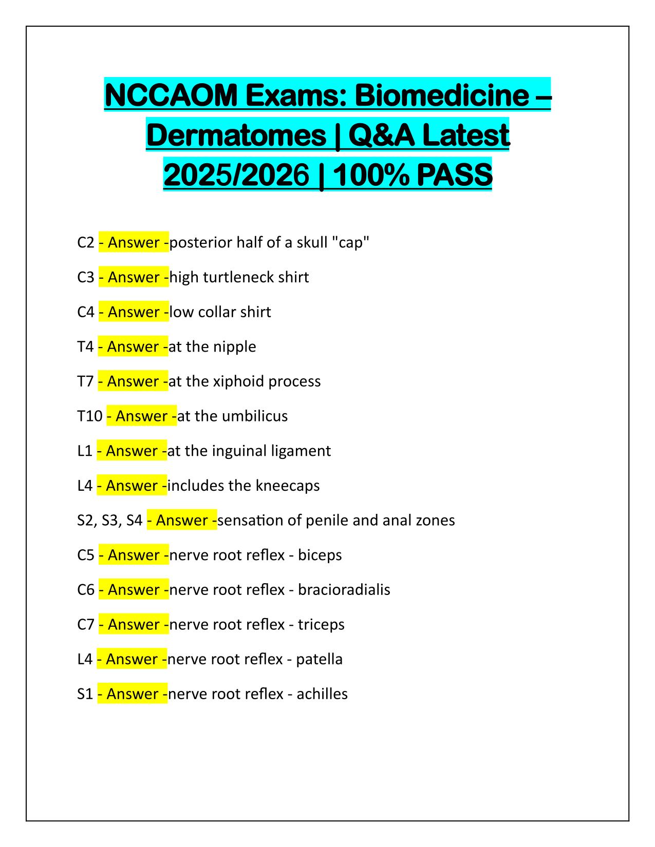NCCAOM Exams Biomedicine–Dermatomes Q&A Latest Update