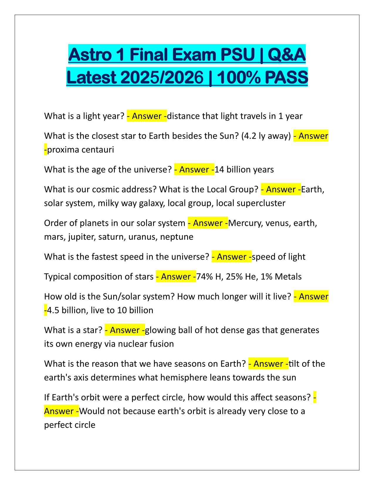 Astro 1 Final Exam PSU Q&A Latest Update