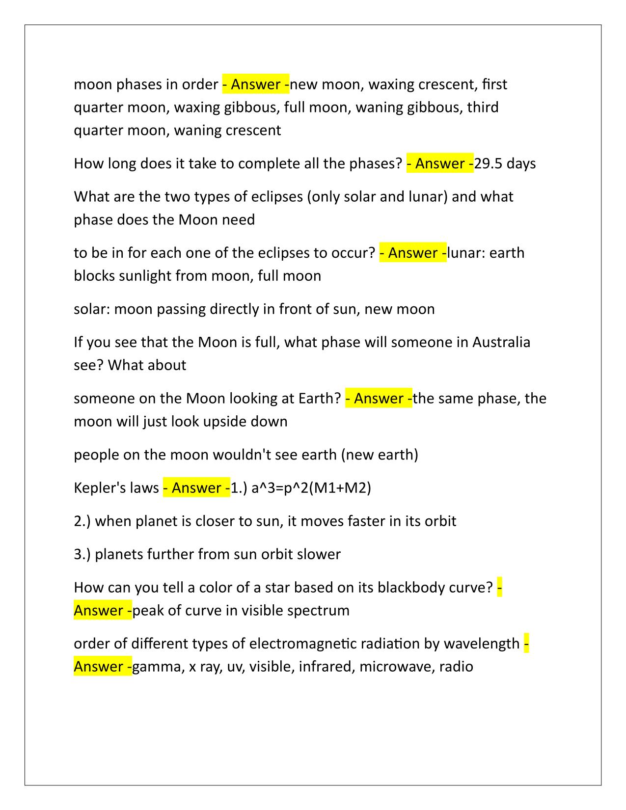 Astro 1 Final Exam PSU Q&A Latest Update