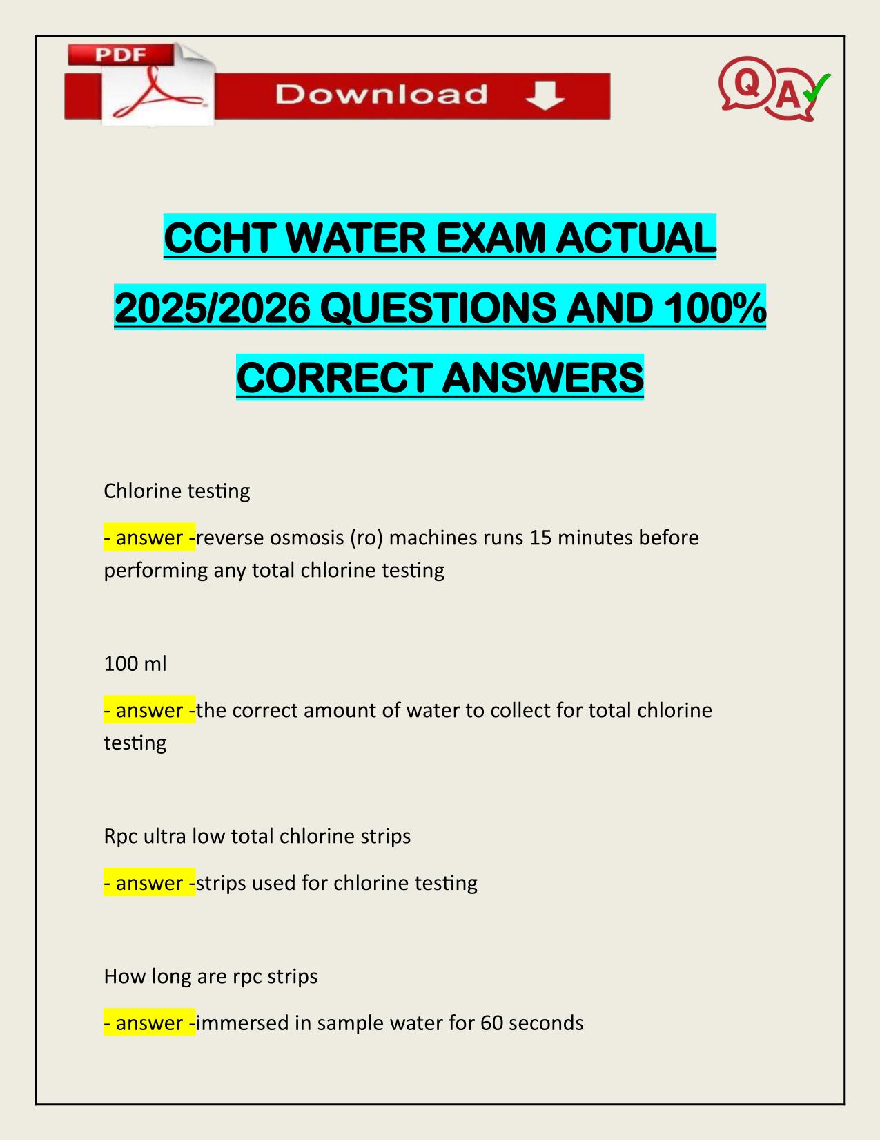 CCHT WATER EXAM ACTUAL 2025/2026 QUESTIONS AND 100% CORRECT ANSWERS
