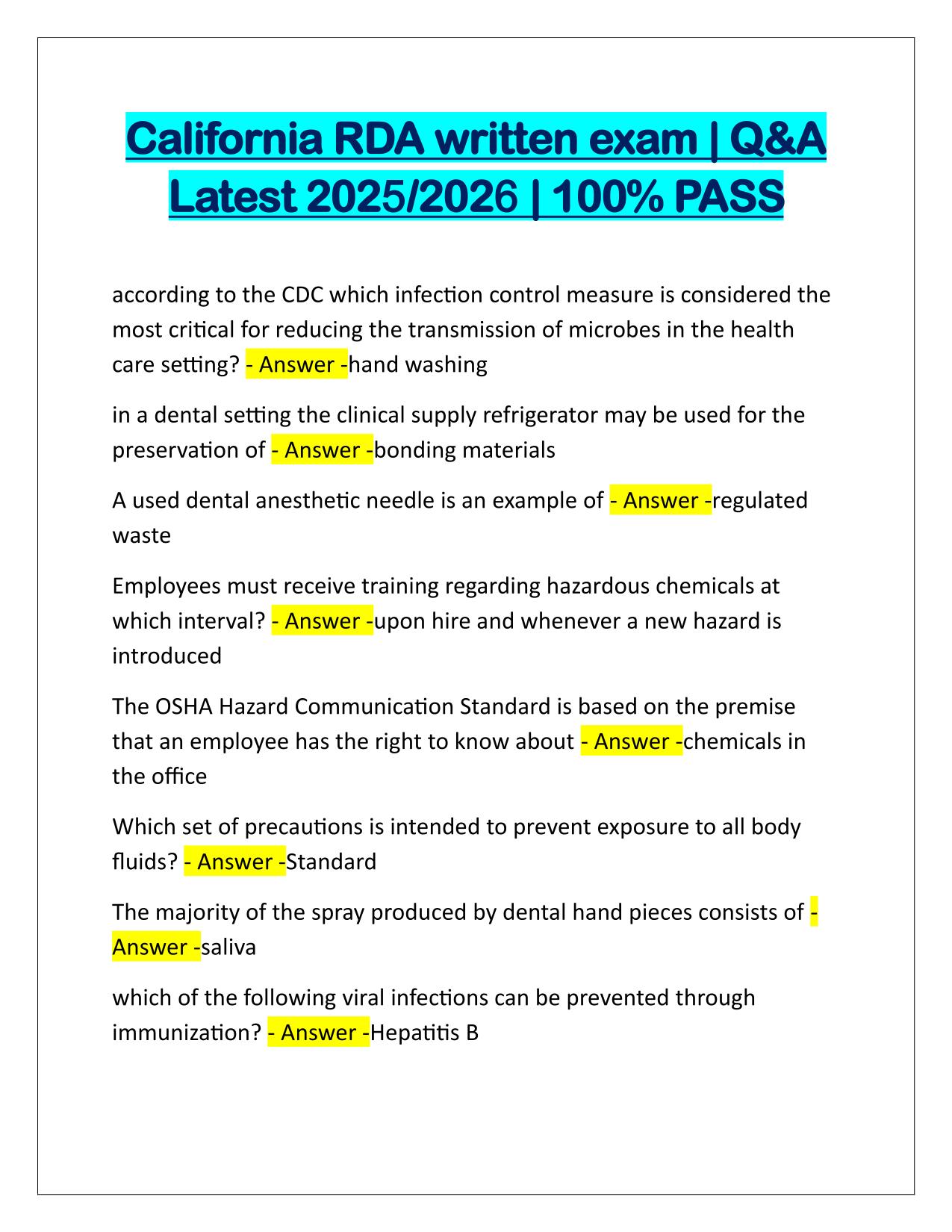 California RDA written exam Q&A Latest Update