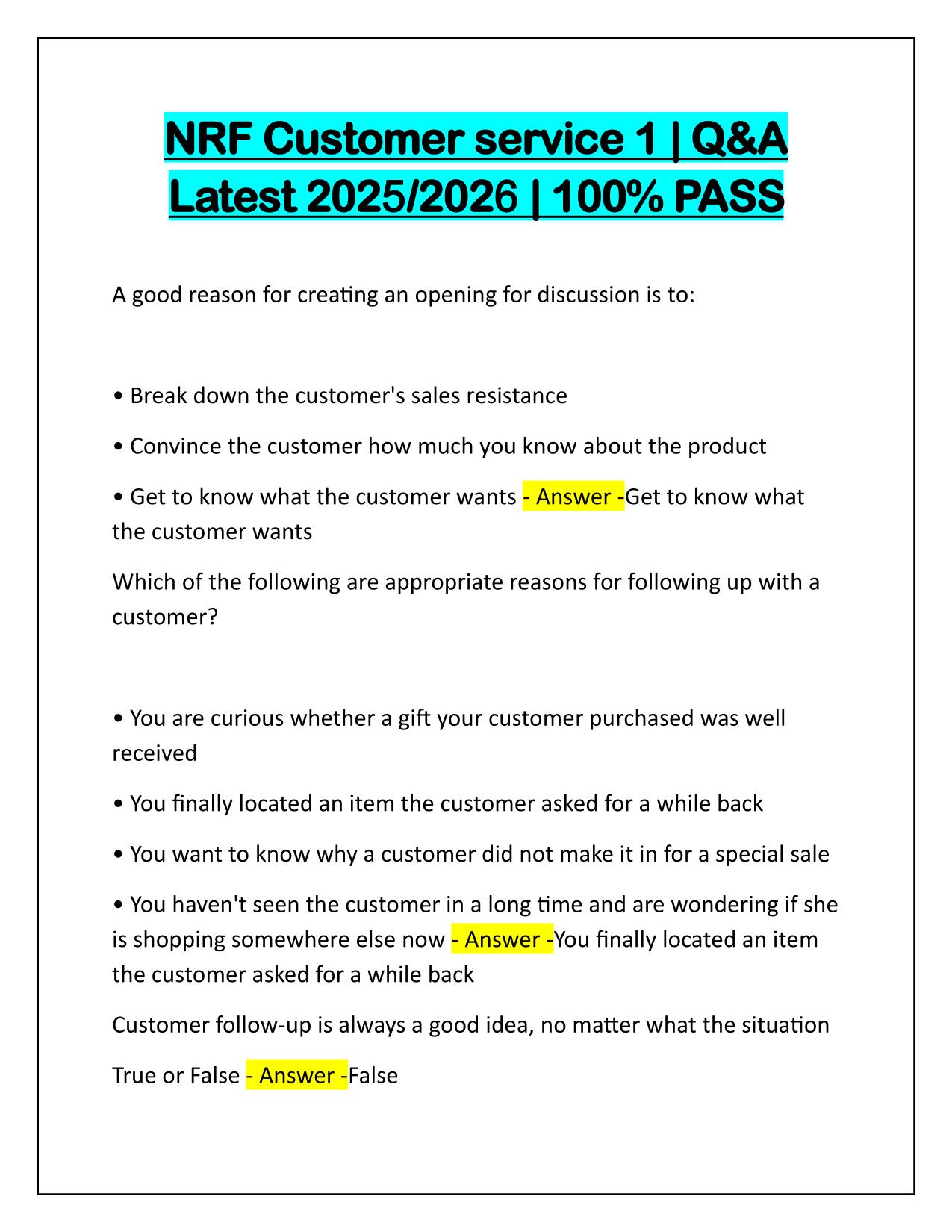 NRF Customer service 1 Q&A Latest Update