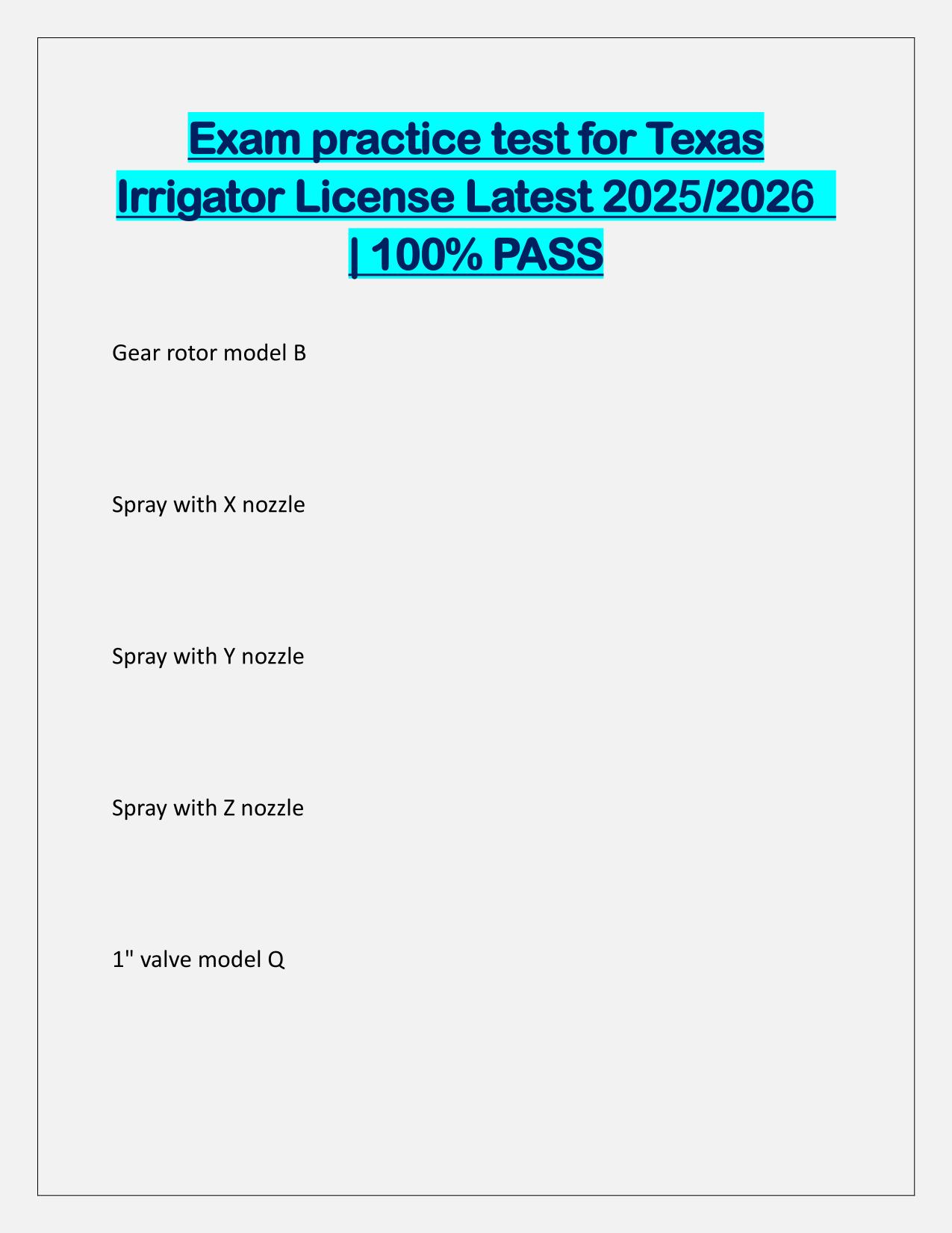 Exam practice test for Texas Irrigator License Q&A Latest Update