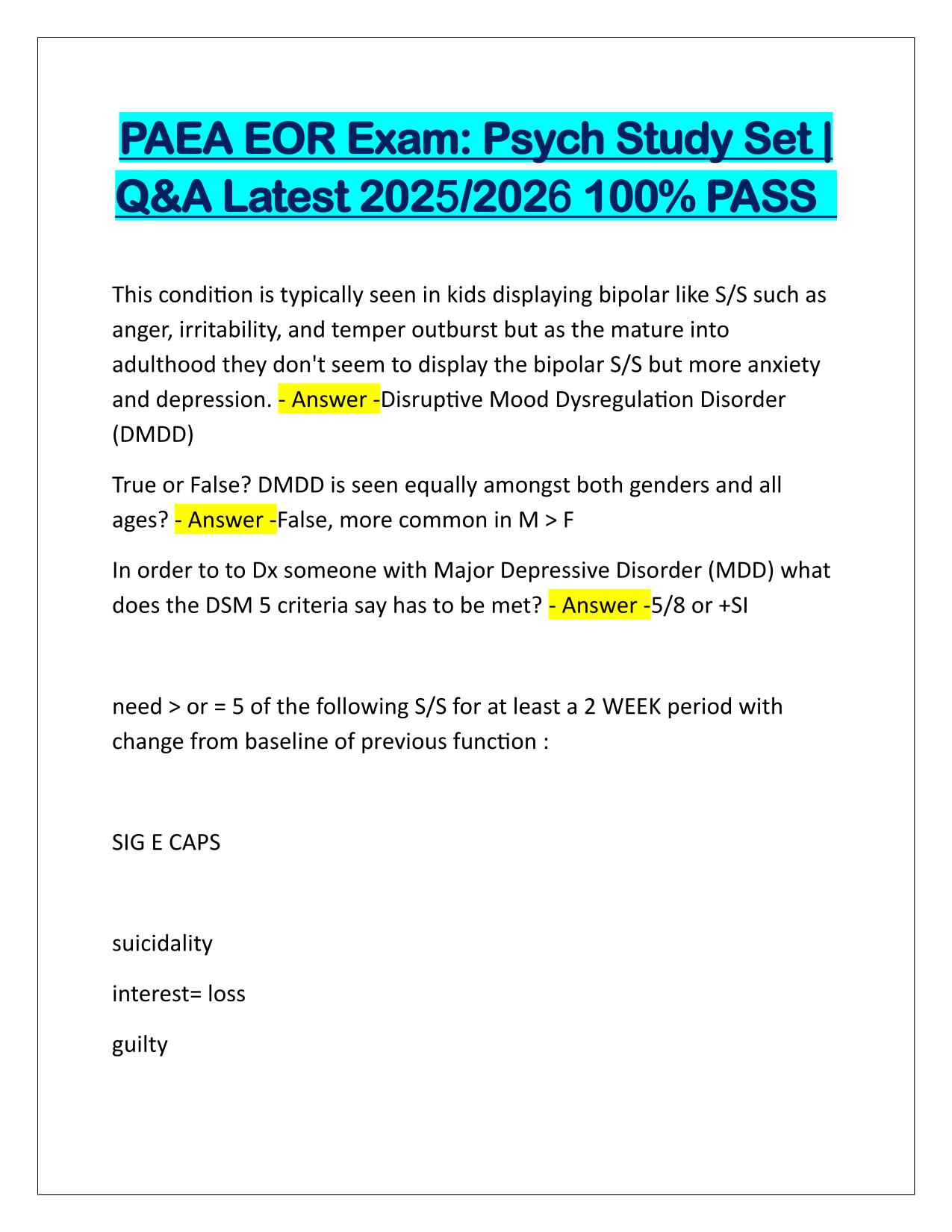 PAEA EOR Exam Psych Study Set Q&A Latest Update