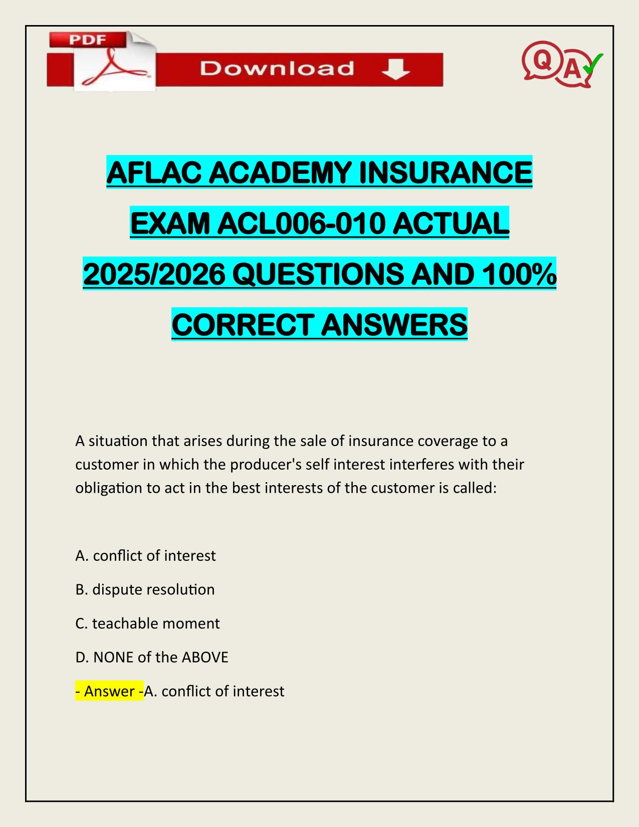 AFLAC ACADEMY INSURANCE EXAM ACL006-010 ACTUAL 2025/2026