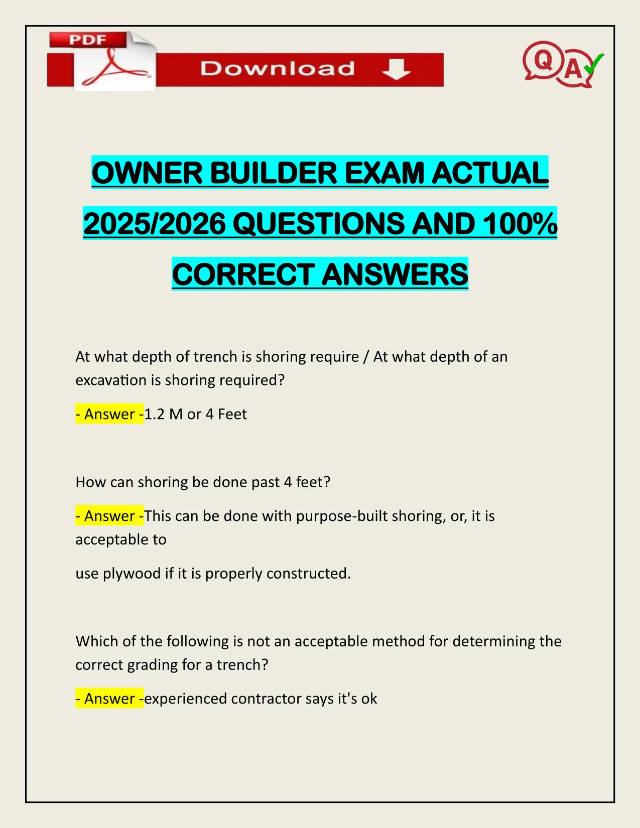 OWNER BUILDER EXAM ACTUAL 2025/2026 QUESTIONS AND 100% CORRECT ANSWERS