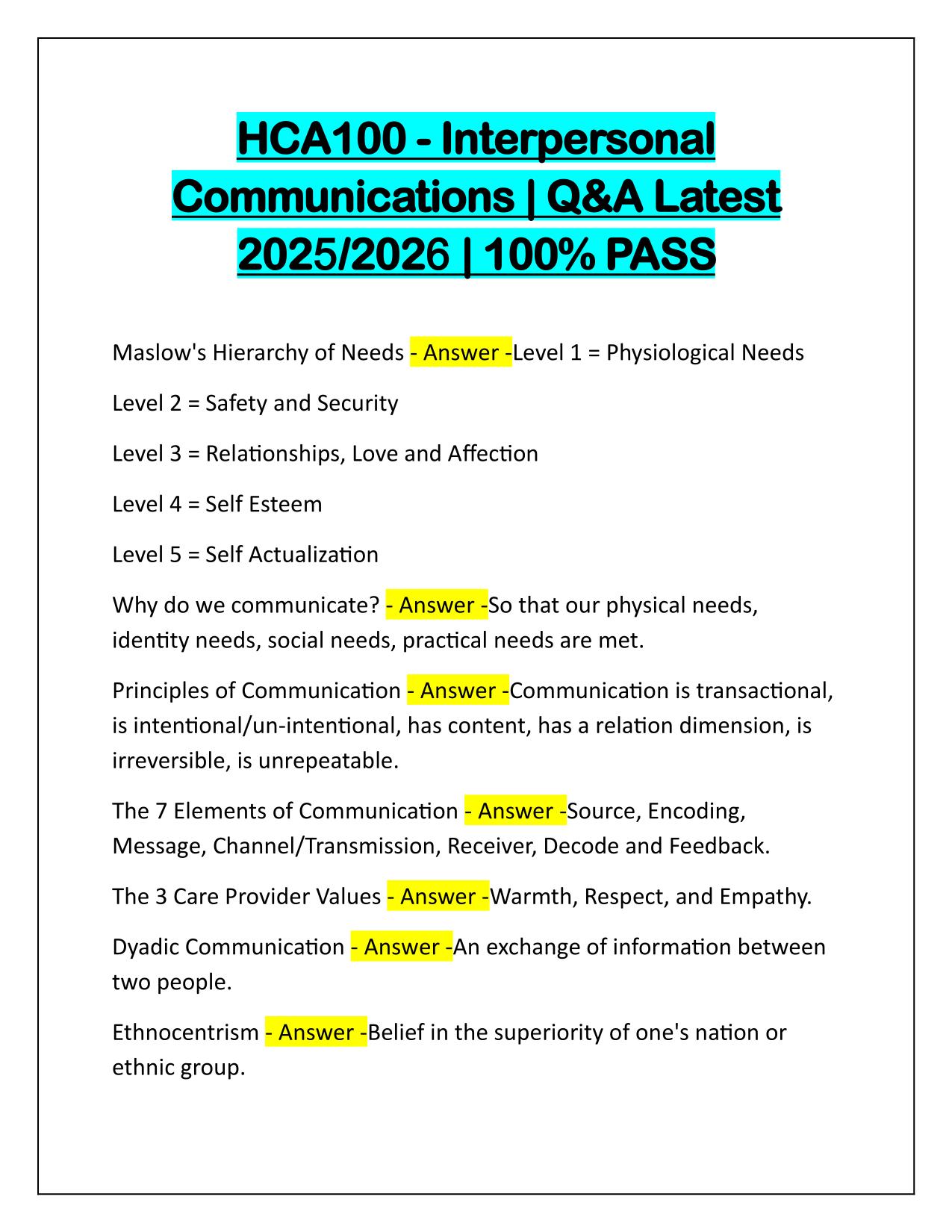 HCA100-Interpersonal Communications Q&A Latest Update