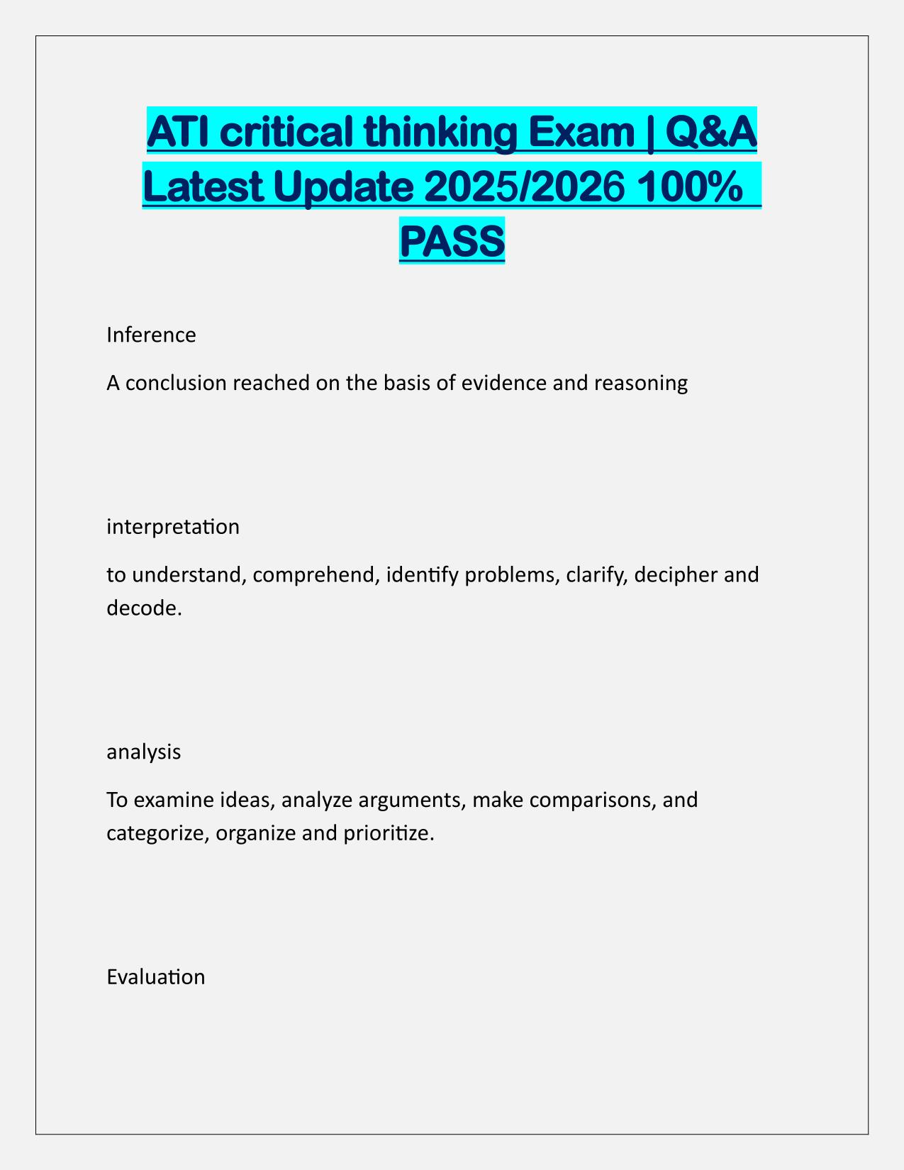 ATI critical thinking Exam Q&A Latest Update