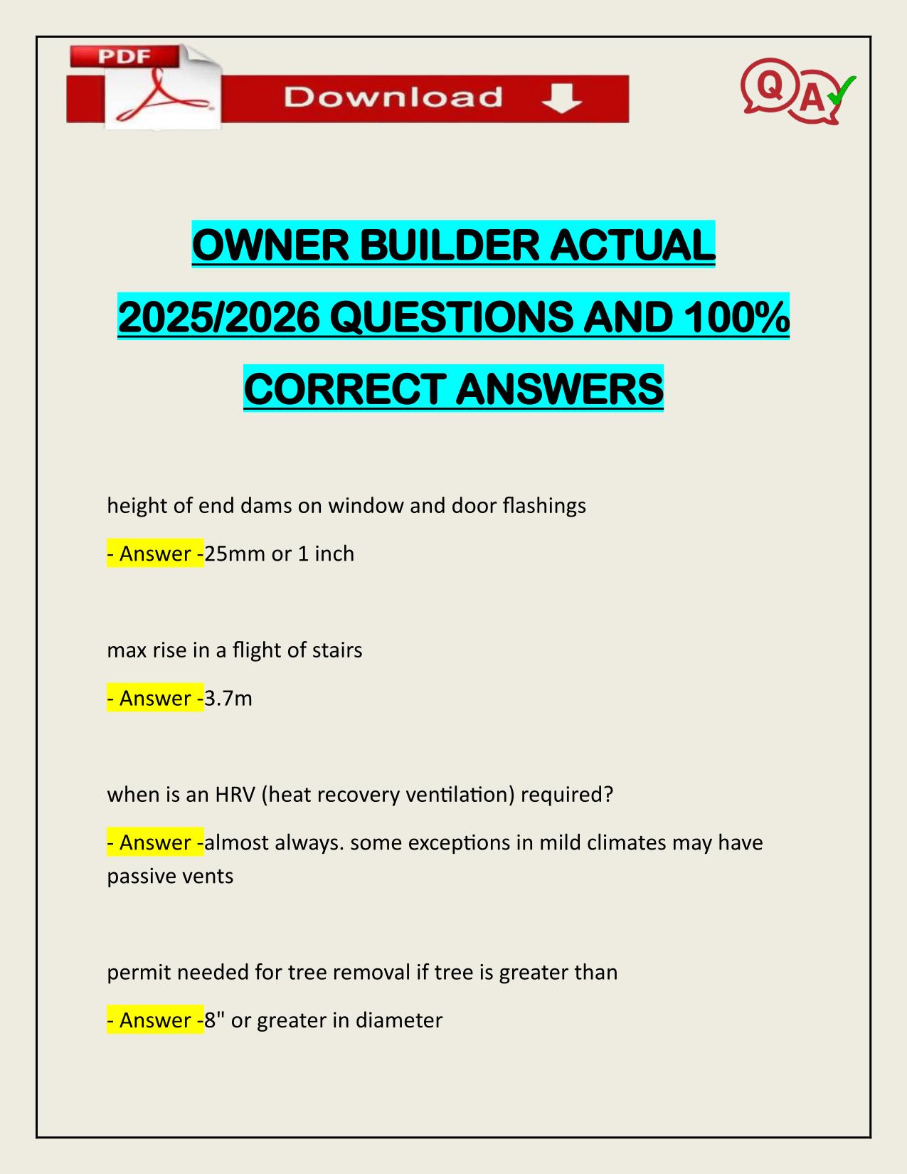 OWNER BUILDER ACTUAL 2025/2026 QUESTIONS AND 100% CORRECT ANSWERS
