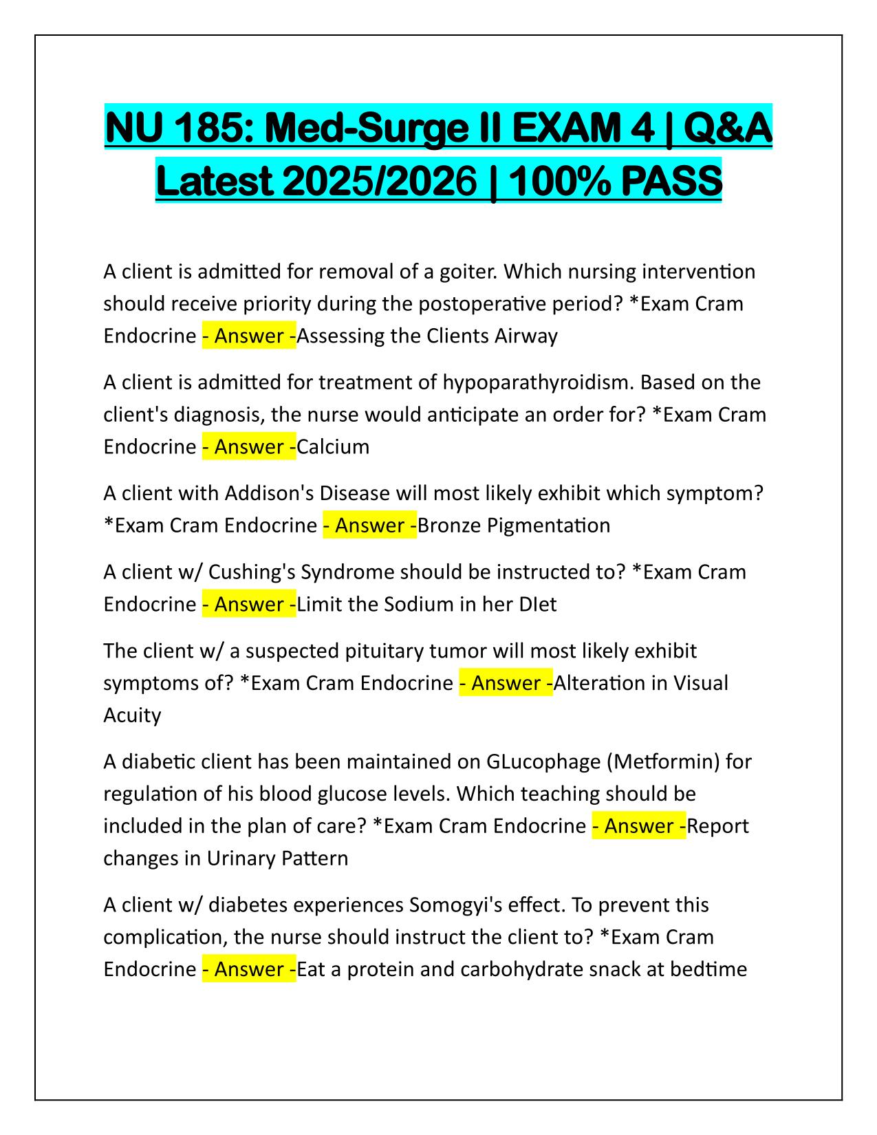 NU 185 Med-Surge II EXAM 4 Q&A Latest Update