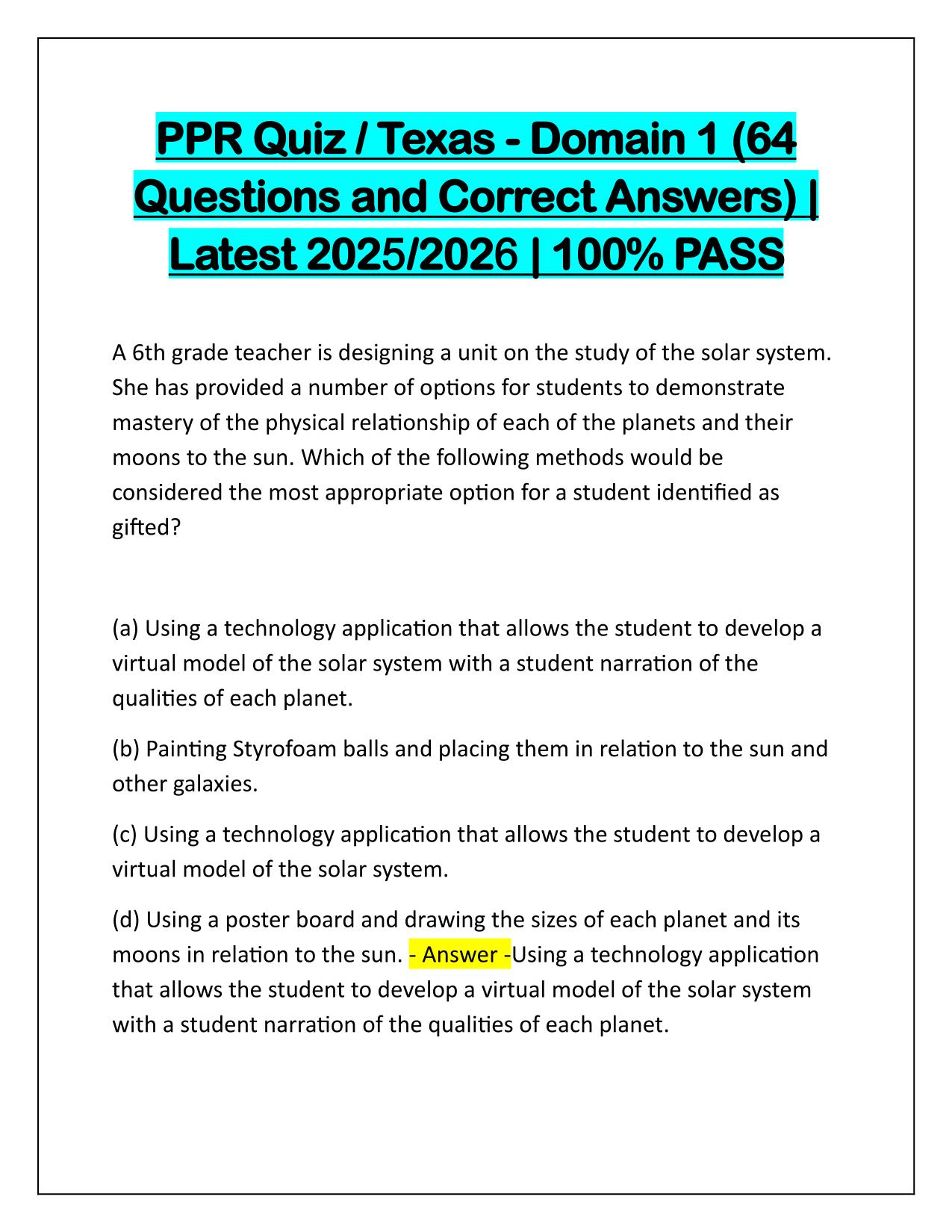 PPR Quiz Texas Domain 1, 64 Questions and Correct Answers 2025 Update