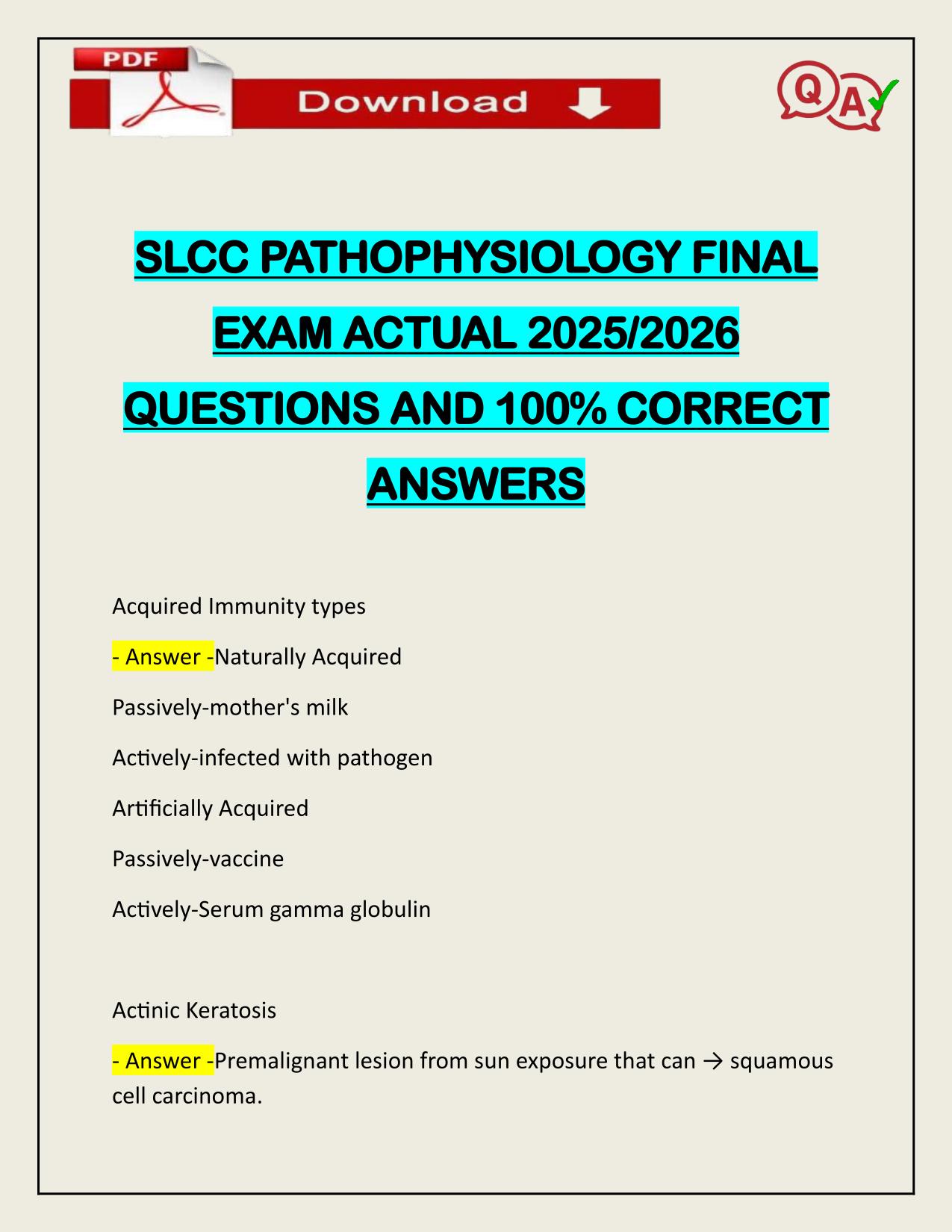 SLCC PATHOPHYSIOLOGY FINAL EXAM ACTUAL 2025/2026 CORRECTLY ANSWERED