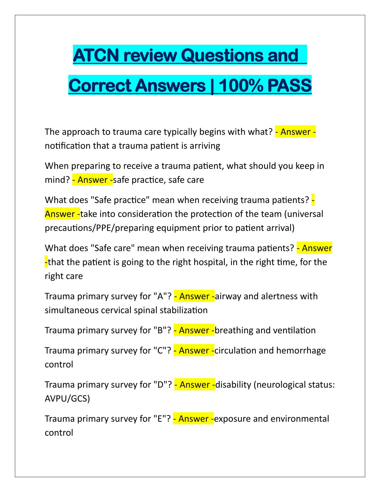 ATCN review Questions and Correct Answers